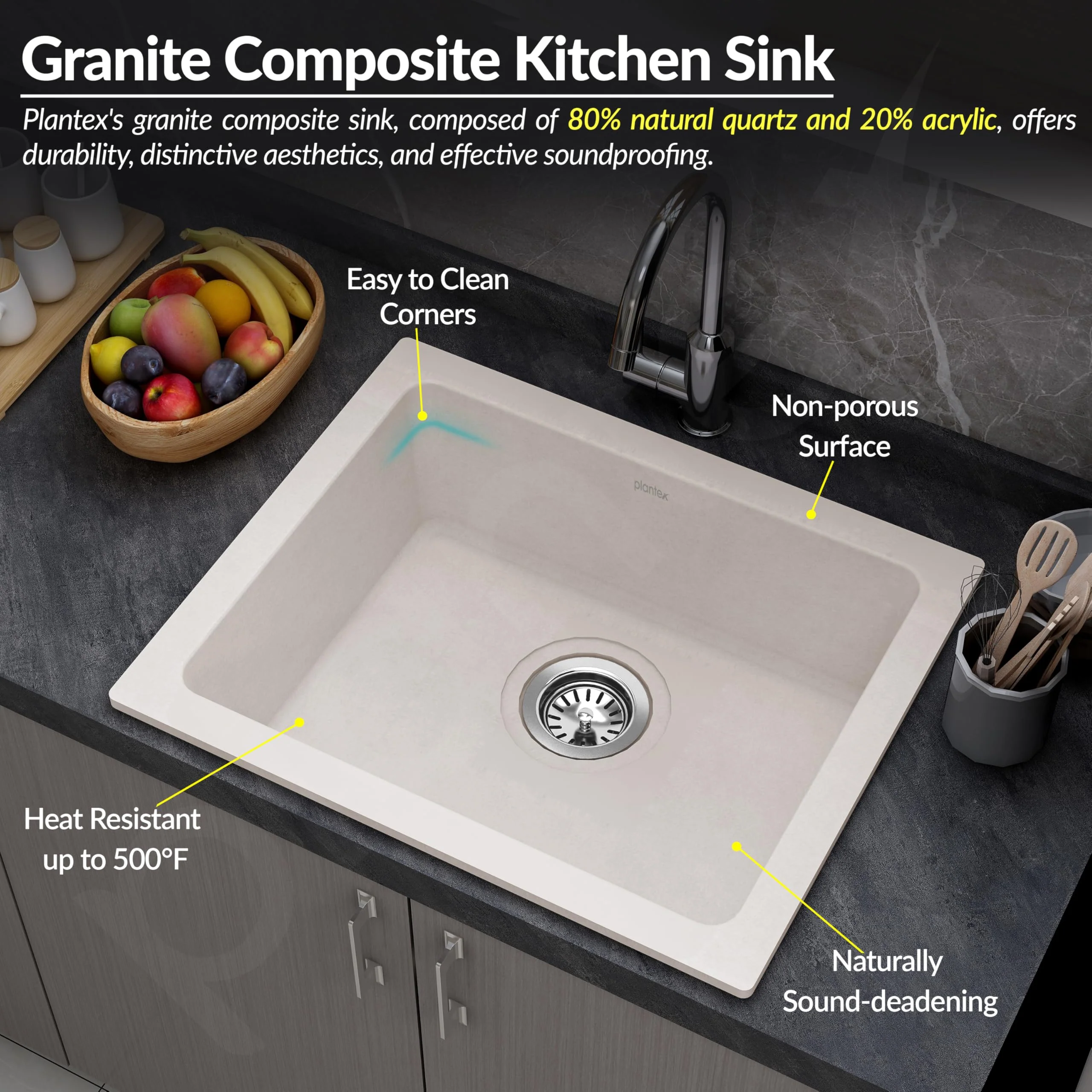 Plantex Quartz Acrylic Kitchen Sink with 10 Years Warranty by Plantex/Undermount Sink for Kitchen/Granite Single Bowl Kitchen Sinks with Coupling (Rayon-24x18 Inches) - Image 6