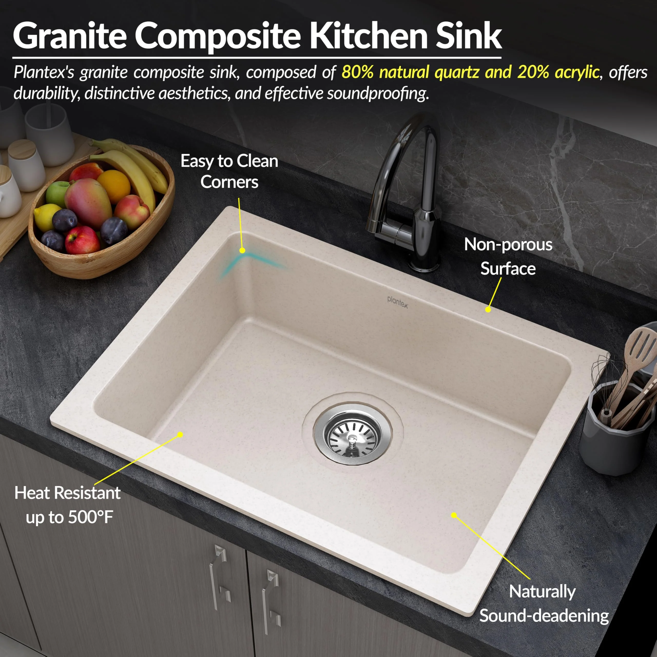 Plantex Quartz Acrylic Kitchen Sink with 10 Years Warranty by Plantex/Undermount Sink for Kitchen/Granite Single Bowl Kitchen Sinks with Coupling (Ultra Brun 21x18 Inches) - Image 6
