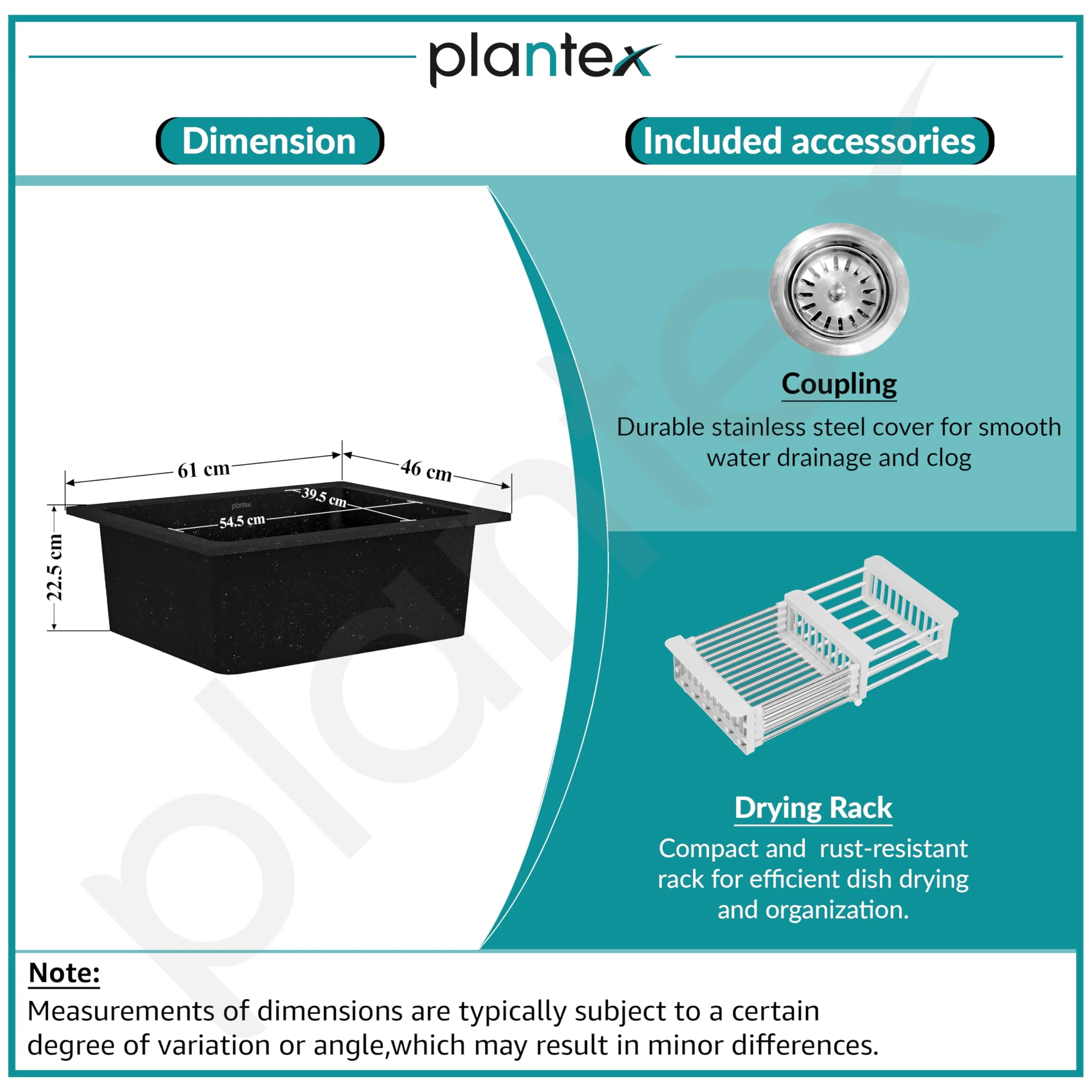 Plantex Quartz Acrylic Kitchen Sink With 10 Years Warranty/Undermount Sink For Kitchen/Metalic Single Bowl Kitchen Sinks With Coupling (Siapan-24X18 Inches), ?Metallic, Black - Image 4