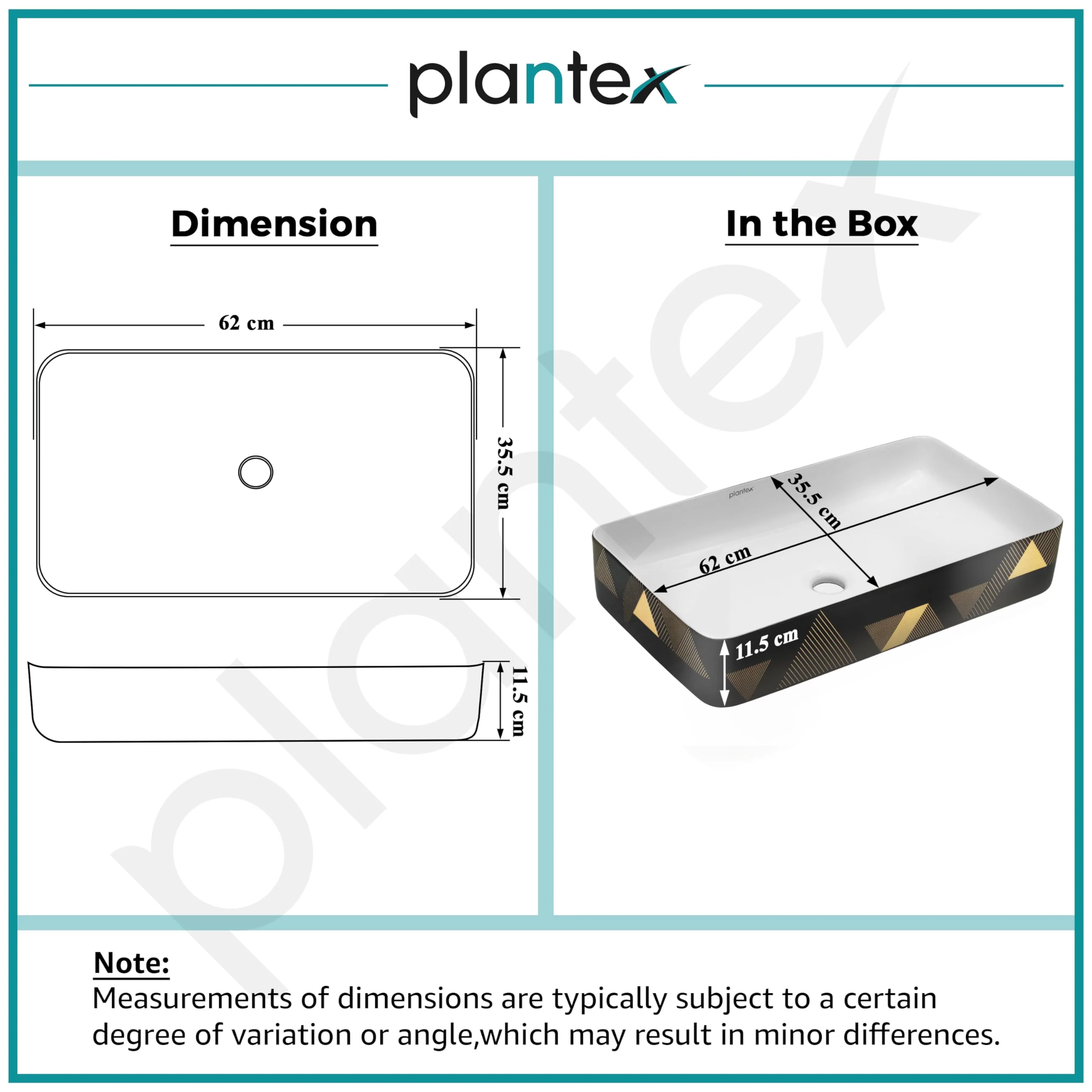 Plantex RectangularTable Top Wash Basin For Bathroom/Designer Ceramic Basin/Countertop Vessel Sink Basin - Indo-European Collection (24 x 14 x 5 Inch) - Image 2