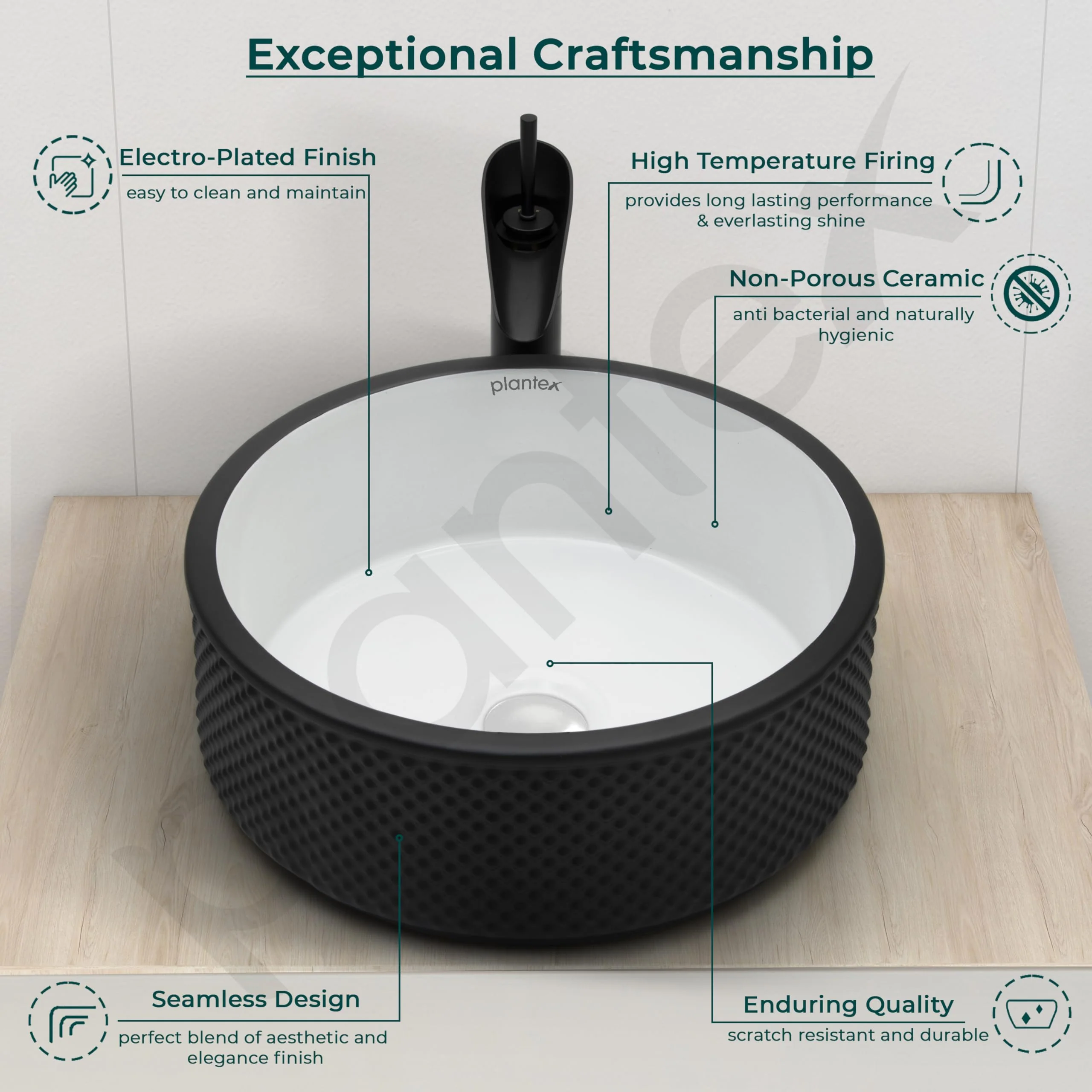 Plantex Round Ceramic Table Top Wash Basin/Designer Counertop Washbasin/Vessel Sink for Bathroom/Home/Restaurant (White & Black-17 x 17 x 6 Inch) - Image 2