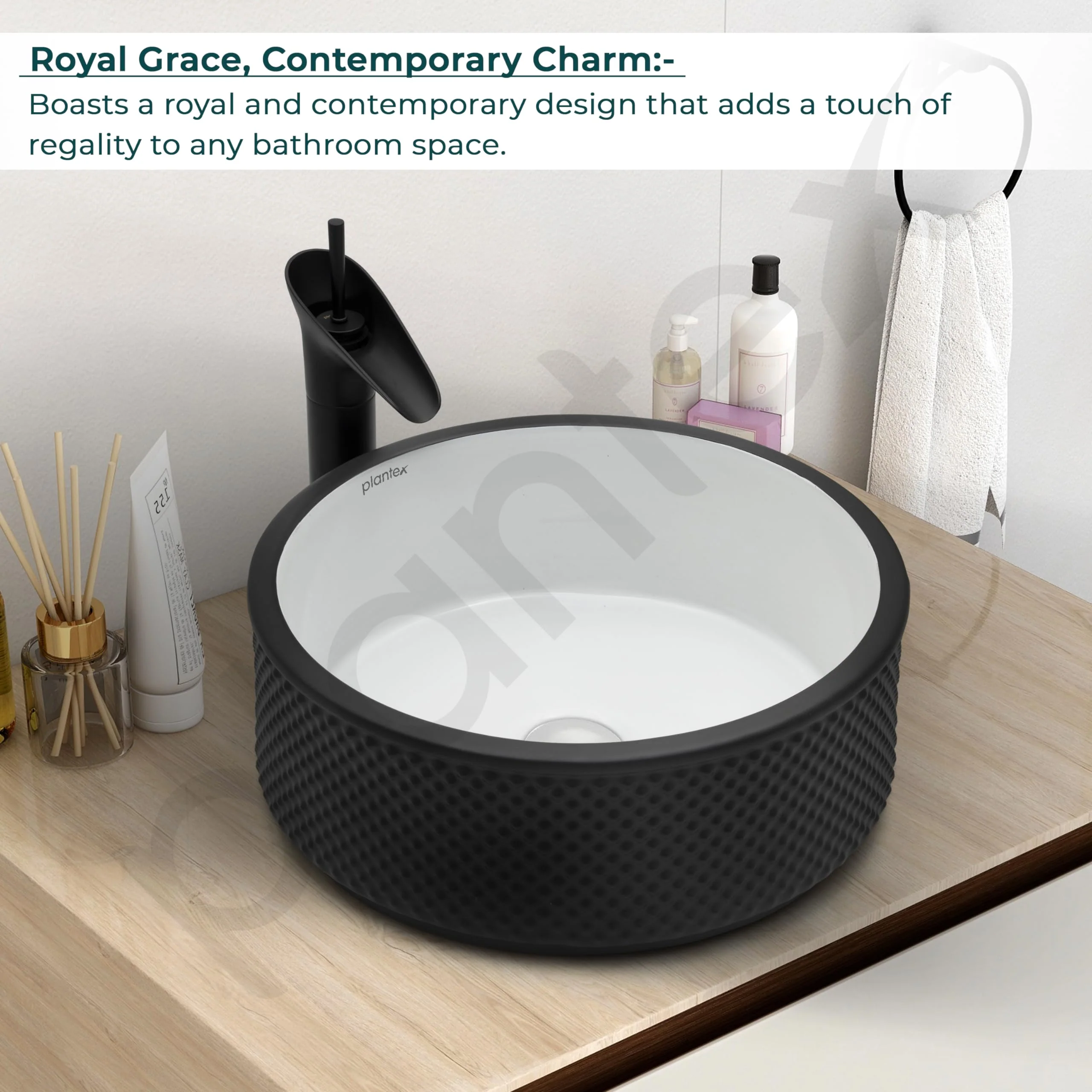Plantex Round Ceramic Table Top Wash Basin/Designer Counertop Washbasin/Vessel Sink for Bathroom/Home/Restaurant (White & Black-17 x 17 x 6 Inch) - Image 5