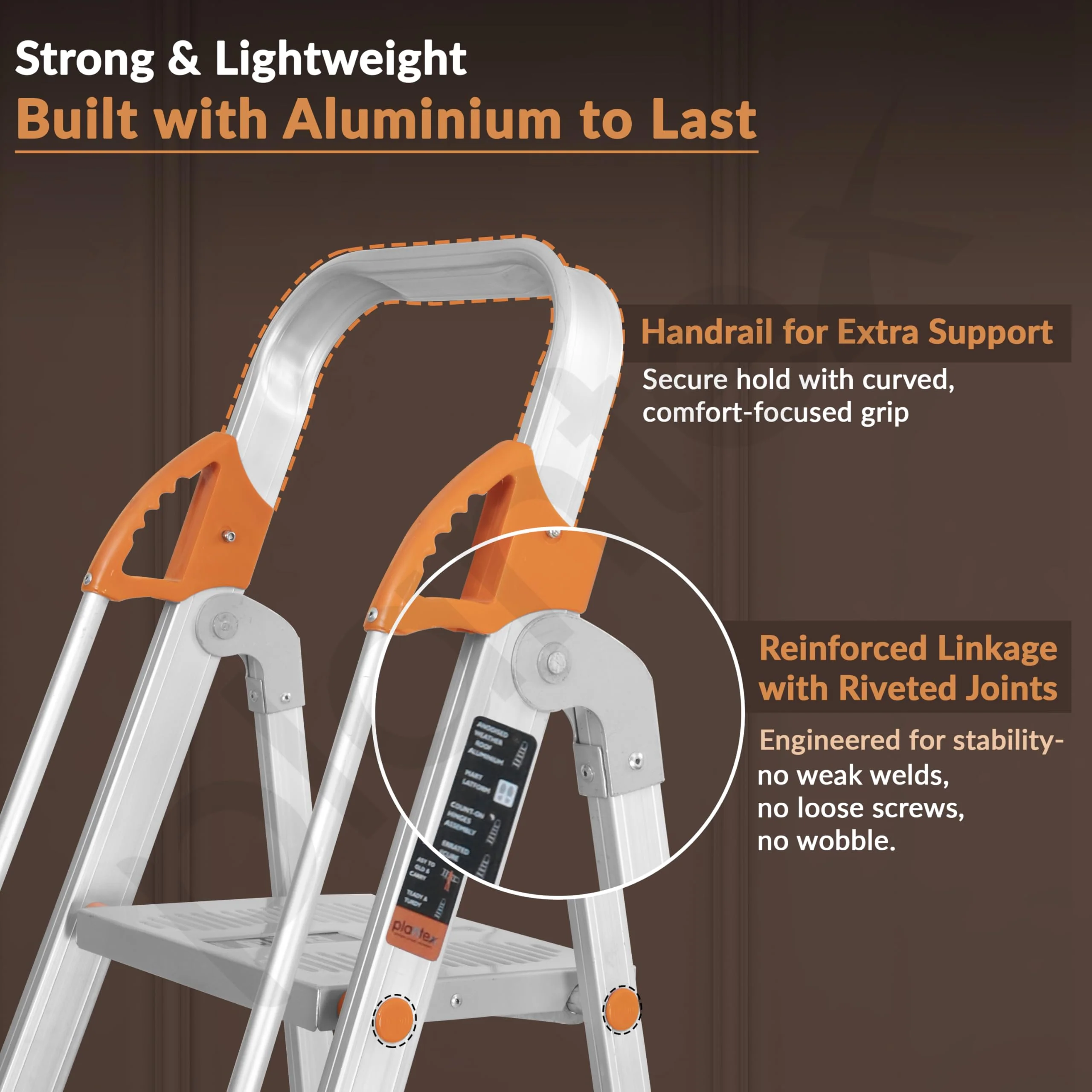 Plantex Secura 4 Step Ladder for Home/Aluminium Foldable Ladder with Safe Hand Rail (Orange-Silver) - Image 3
