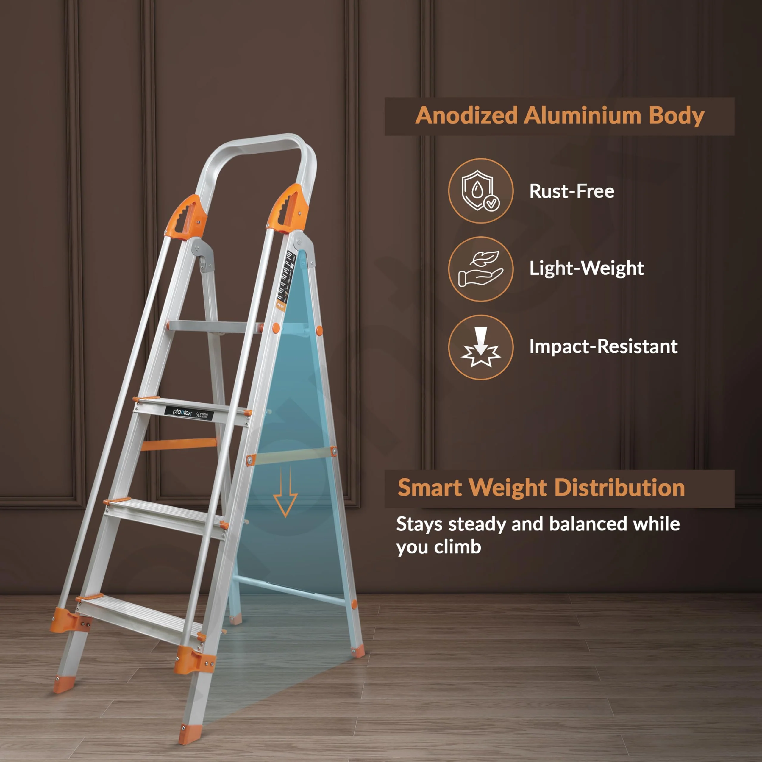 Plantex Secura 4 Step Ladder for Home/Aluminium Foldable Ladder with Safe Hand Rail (Orange-Silver) - Image 5
