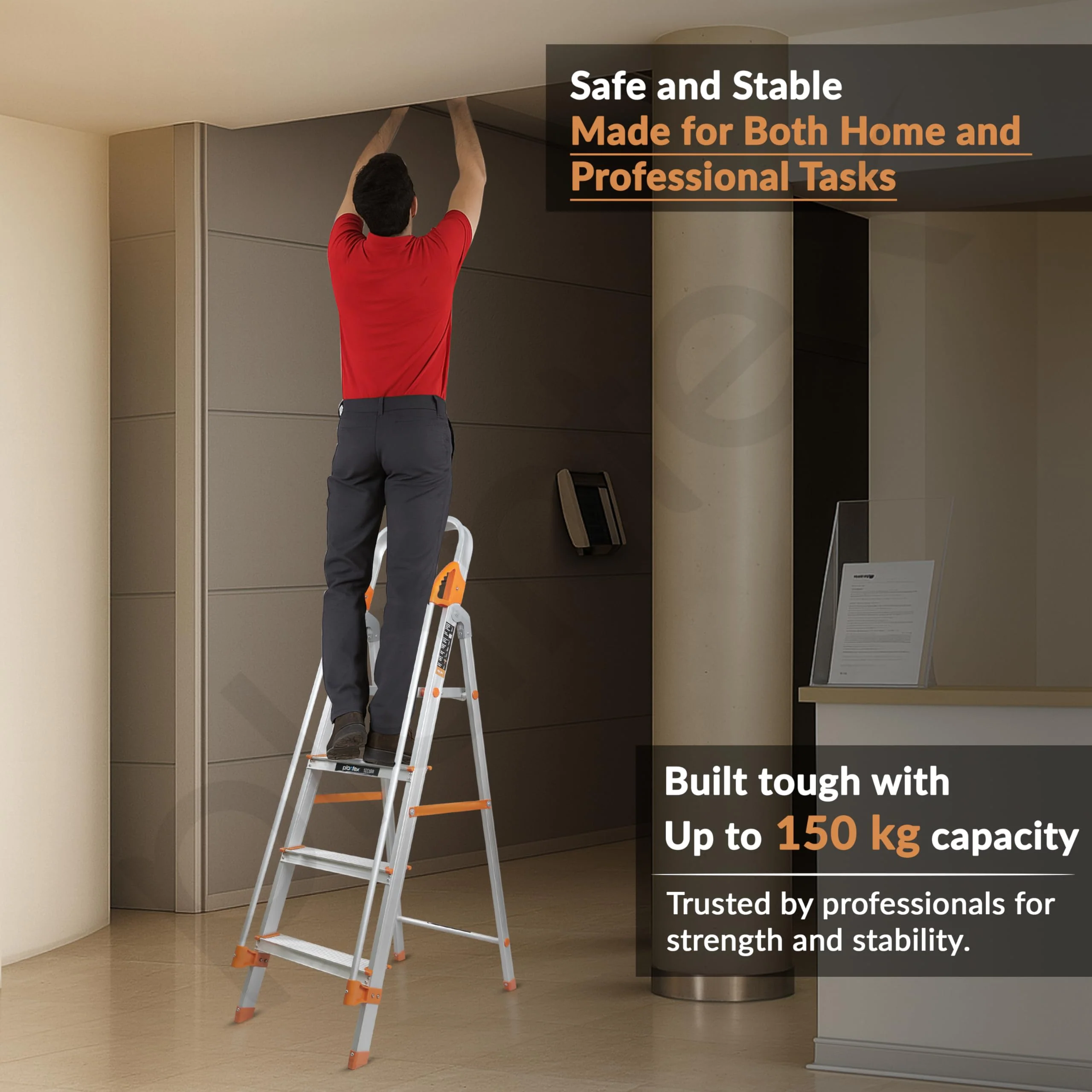 Plantex Secura 4 Step Ladder for Home/Aluminium Foldable Ladder with Safe Hand Rail (Orange-Silver) - Image 6