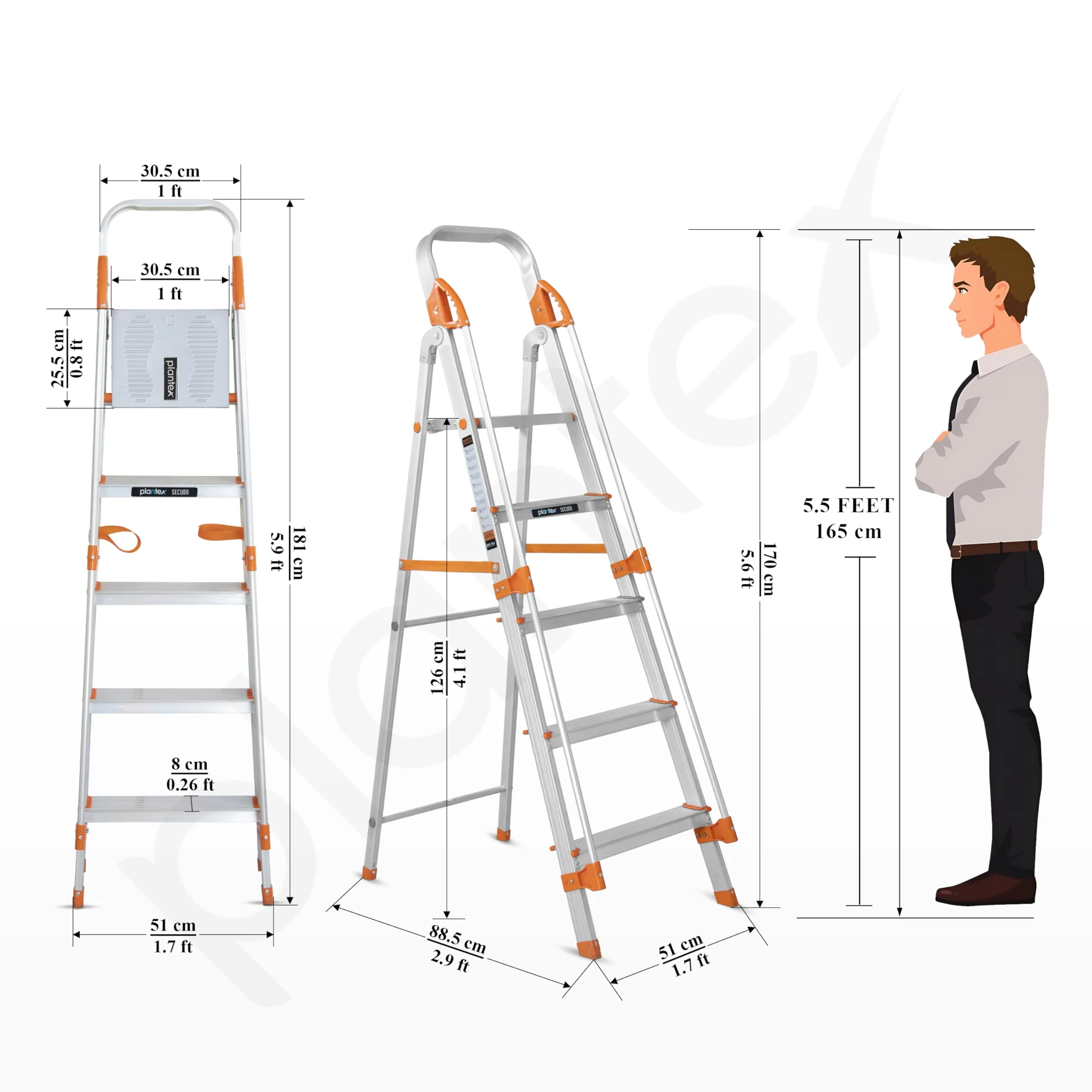 Plantex Secura 5 Step Aluminium Ladder for Home/Foldable Ladder with Support Hand Rail (Orange-Silver) - Image 3