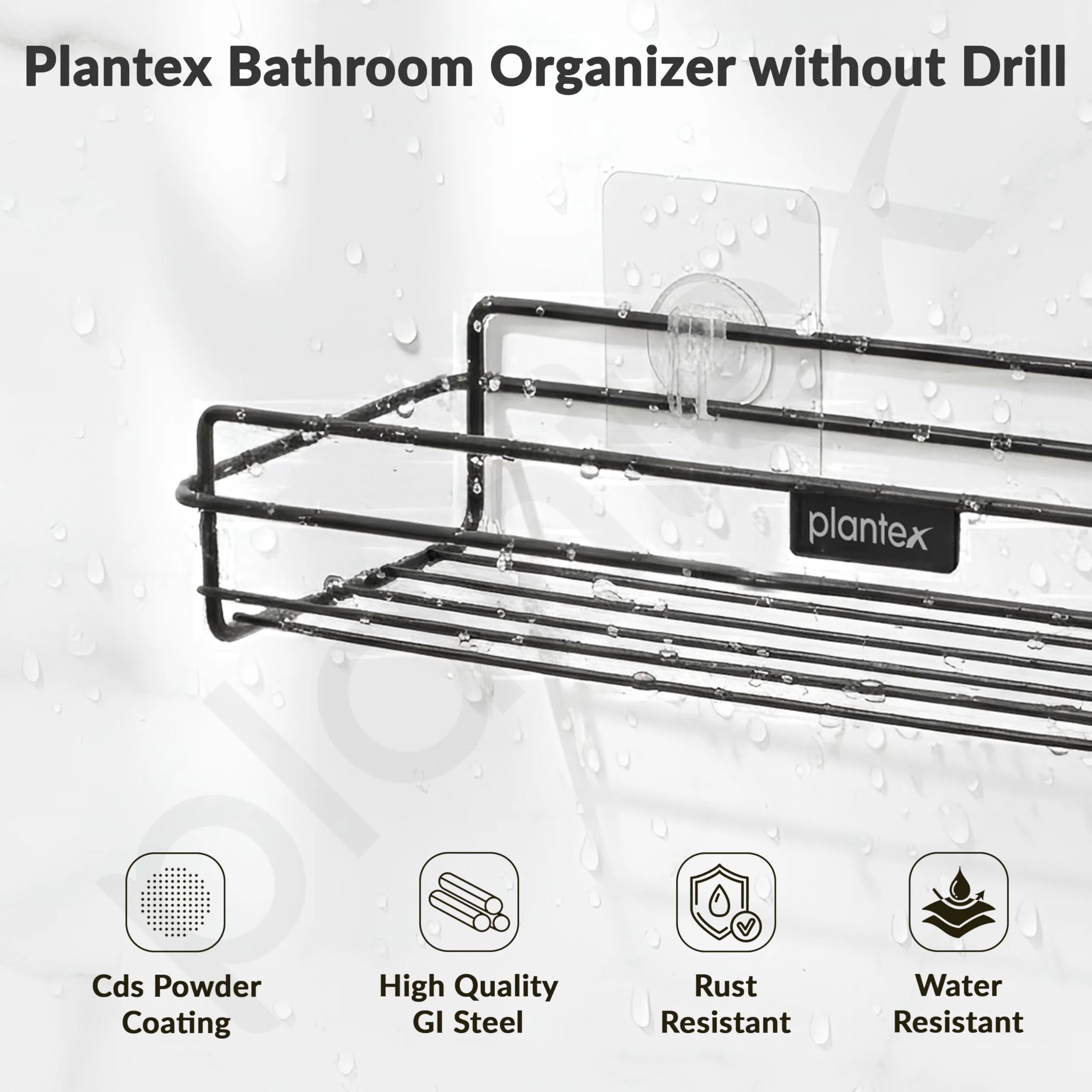 Plantex Self Adhesive Bathroom Shelf Rack/Bathroom Organiser Without Drill//GI-Steel Shelf for Kitchen with Magic Stickers/Bathrooms Accessories- (12x5 inches,Black) - Image 2