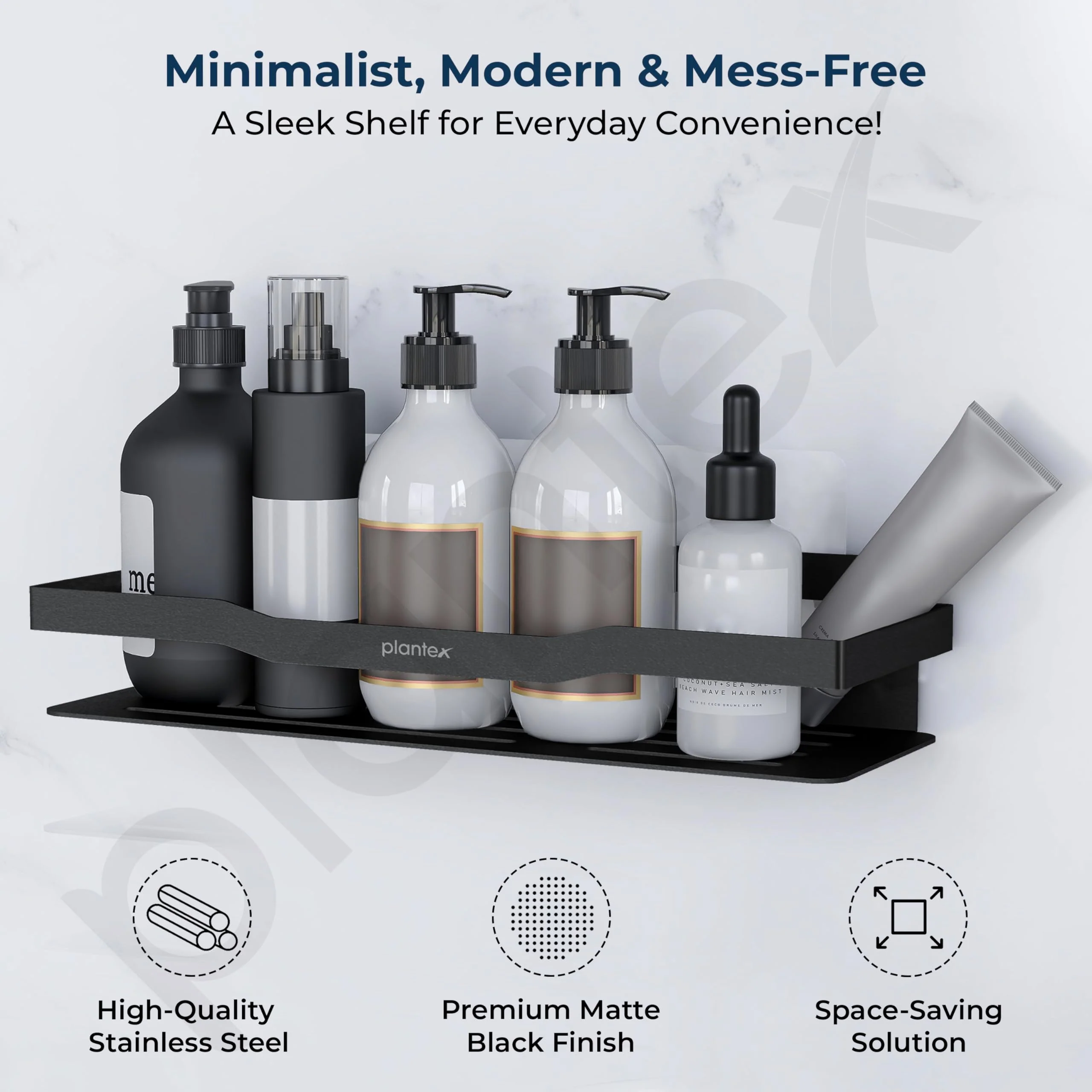 Plantex Self Adhesive Bathroom Shelf/Stainless Steel Bathroom Organiser/Wall Adhesive Shelf/No Drill Bathroom Shelves/Kitchen Organizer-Pack of 1(12x4 Inch, Black) - Image 2