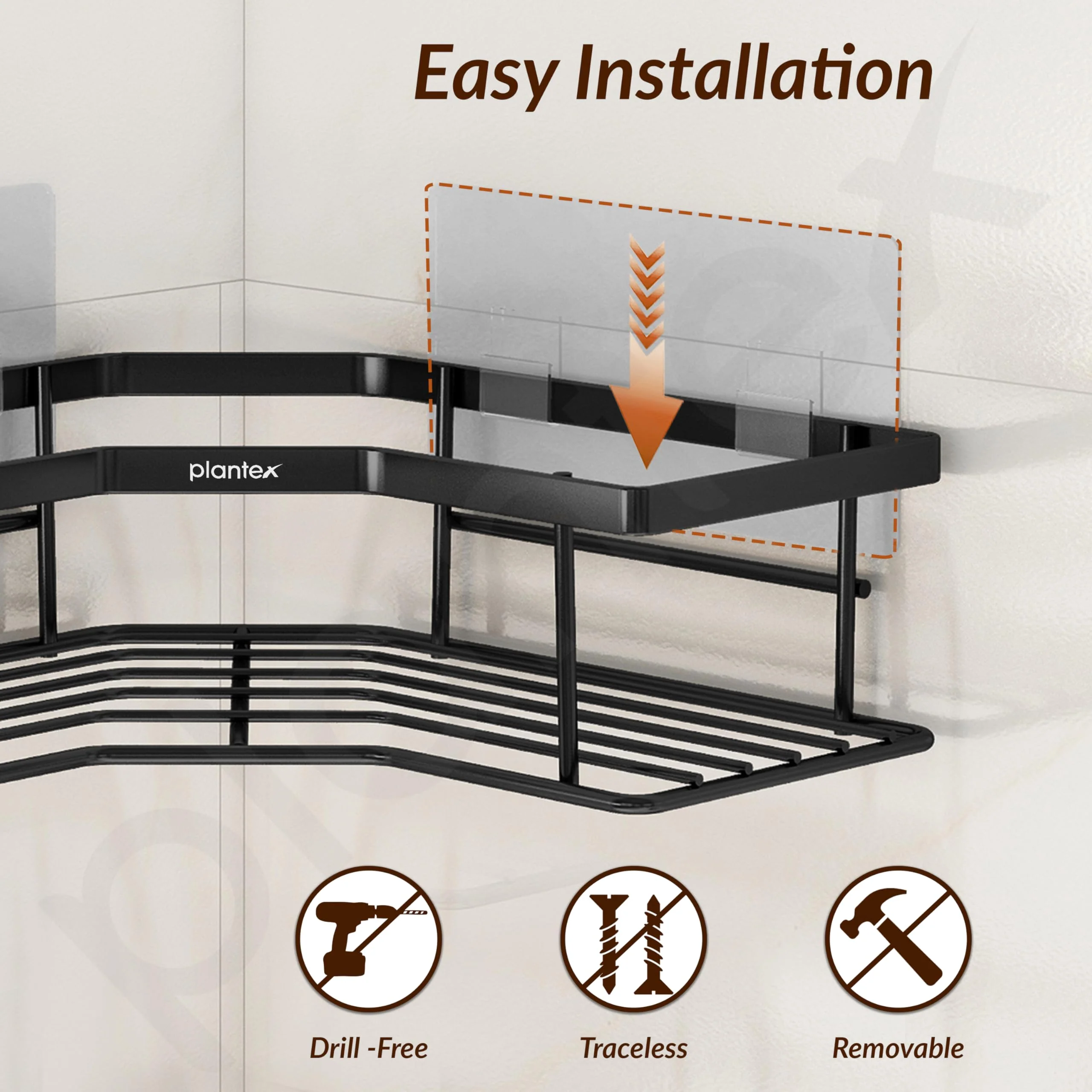 Plantex Self Adhesive Bathroom Shelf Rack/Bathroom Organizer Without Drill/Corner Shelf for Bathroom Wall/Kitchen Corner Shelves Self Adhesive/Shelves for Kitchen-Pack of 2(Black) - Image 4