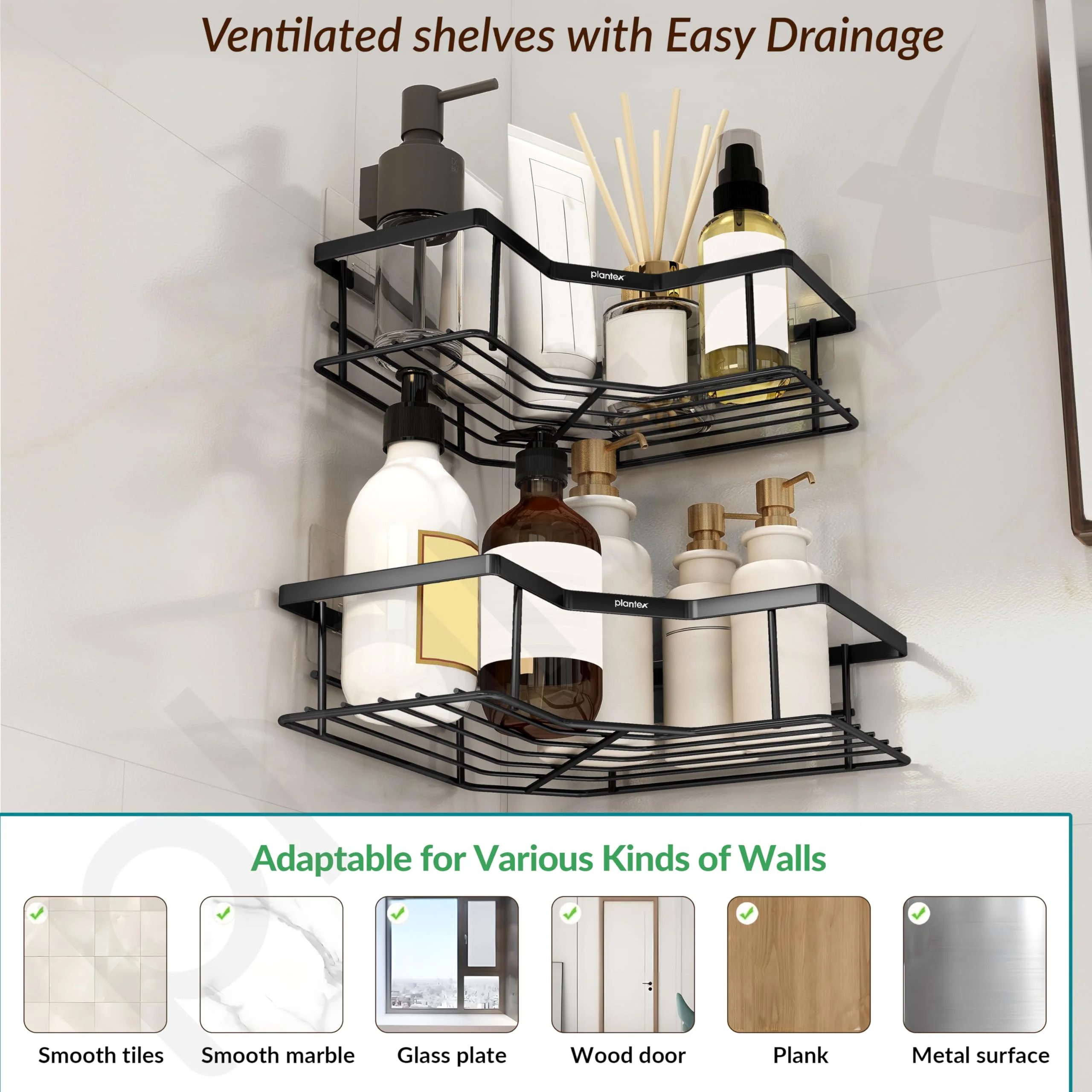 Plantex Self Adhesive Bathroom Shelf Rack/Bathroom Organizer Without Drill/Corner Shelf for Bathroom Wall/Kitchen Corner Shelves Self Adhesive/Shelves for Kitchen-Pack of 2(Black) - Image 6