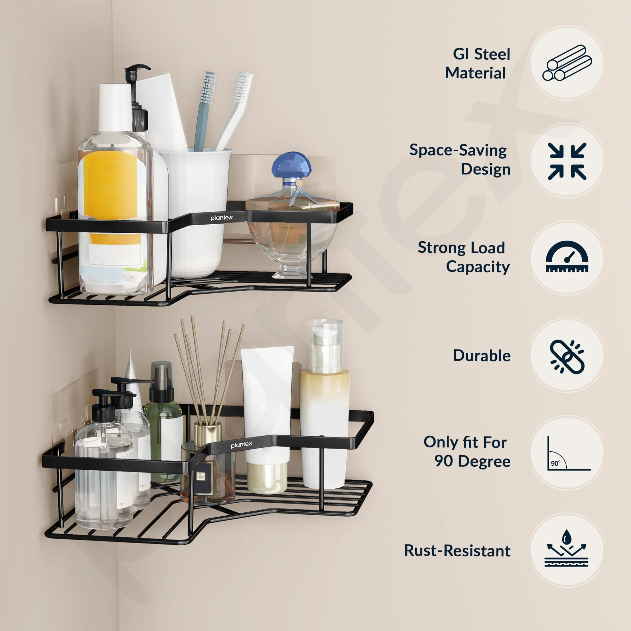 Plantex Self Adhesive Corner Shelf for Bathroom/GI Steel Shelf for Kitchen with Magic Stickers/Bathroom Organizer Without Drill - Pack of 2 (Black) - Image 2