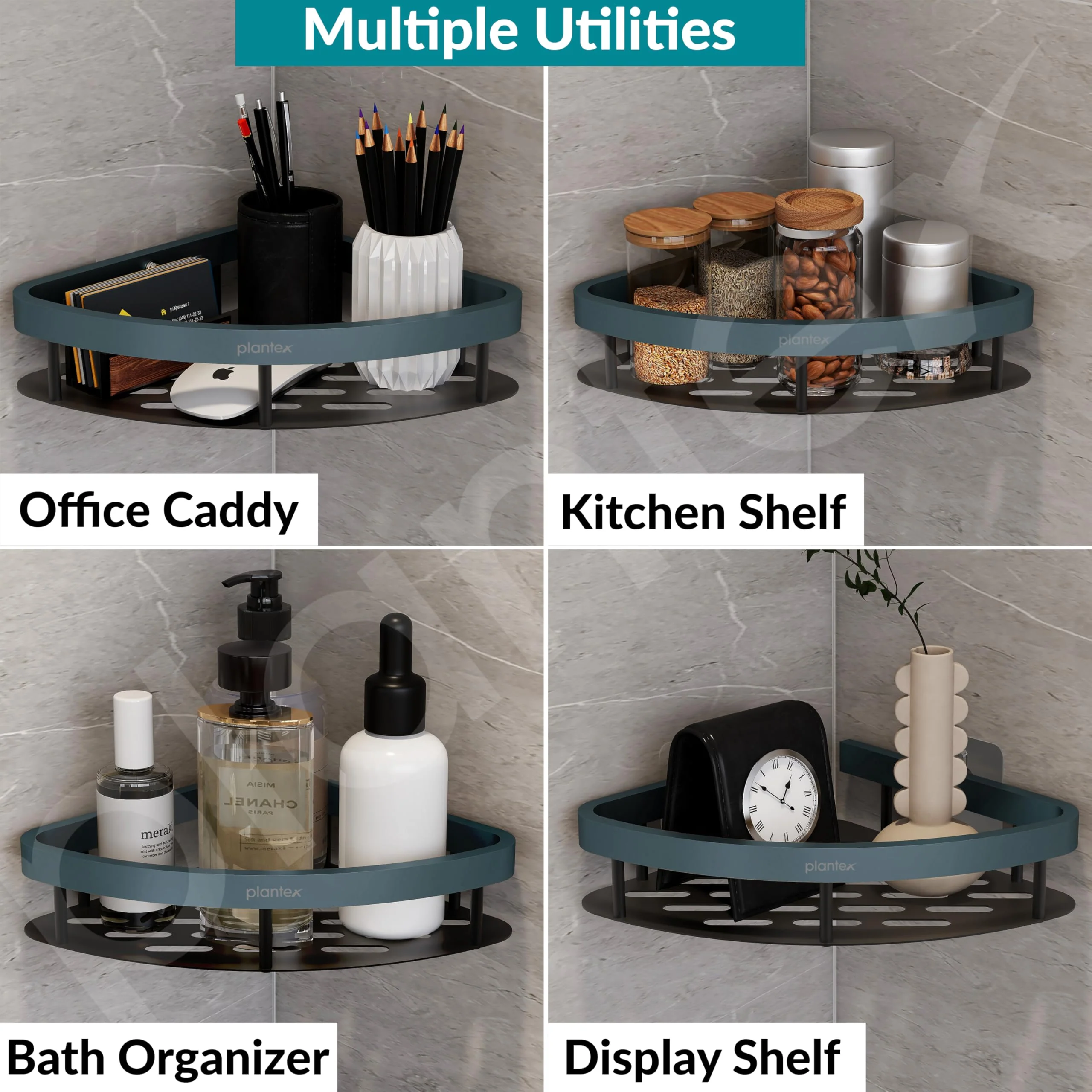 Plantex Self Adhesive Corner Shelf for Bathroom Wall/Aluminium & Stainless Steel Corner Rack/Storage Organizer/Bathroom Accessories Set- Pack of 1 (8 x 8 inch,Cadet Blue & Black) - Image 7