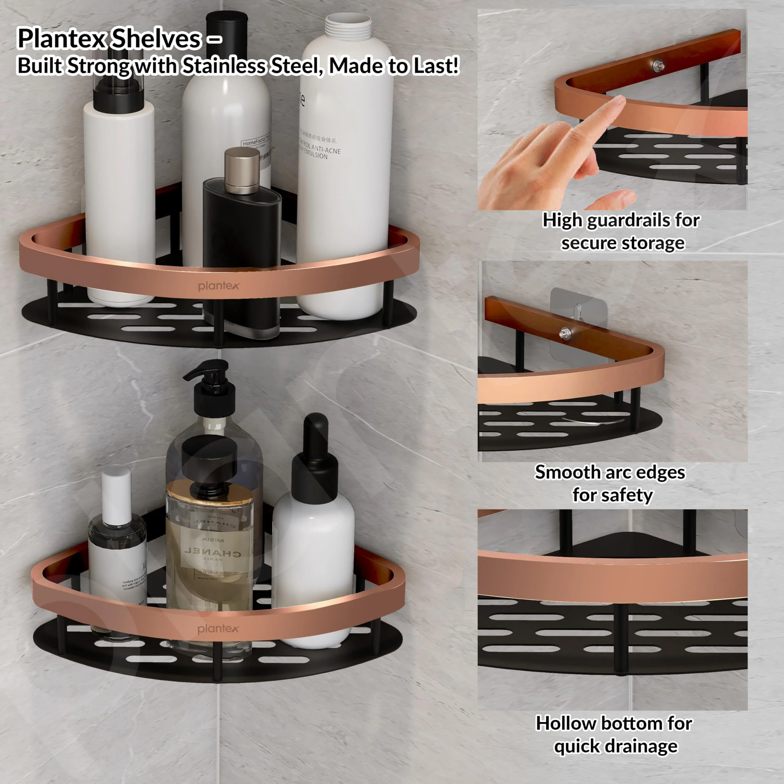 Plantex Self Adhesive Corner Shelf for Bathroom Wall/Aluminium & Stainless Steel Corner Rack/Storage Organizer/Bathroom Accessories Set -Pack of 1 (8 x 8 inch, Copper & Black) - Image 2