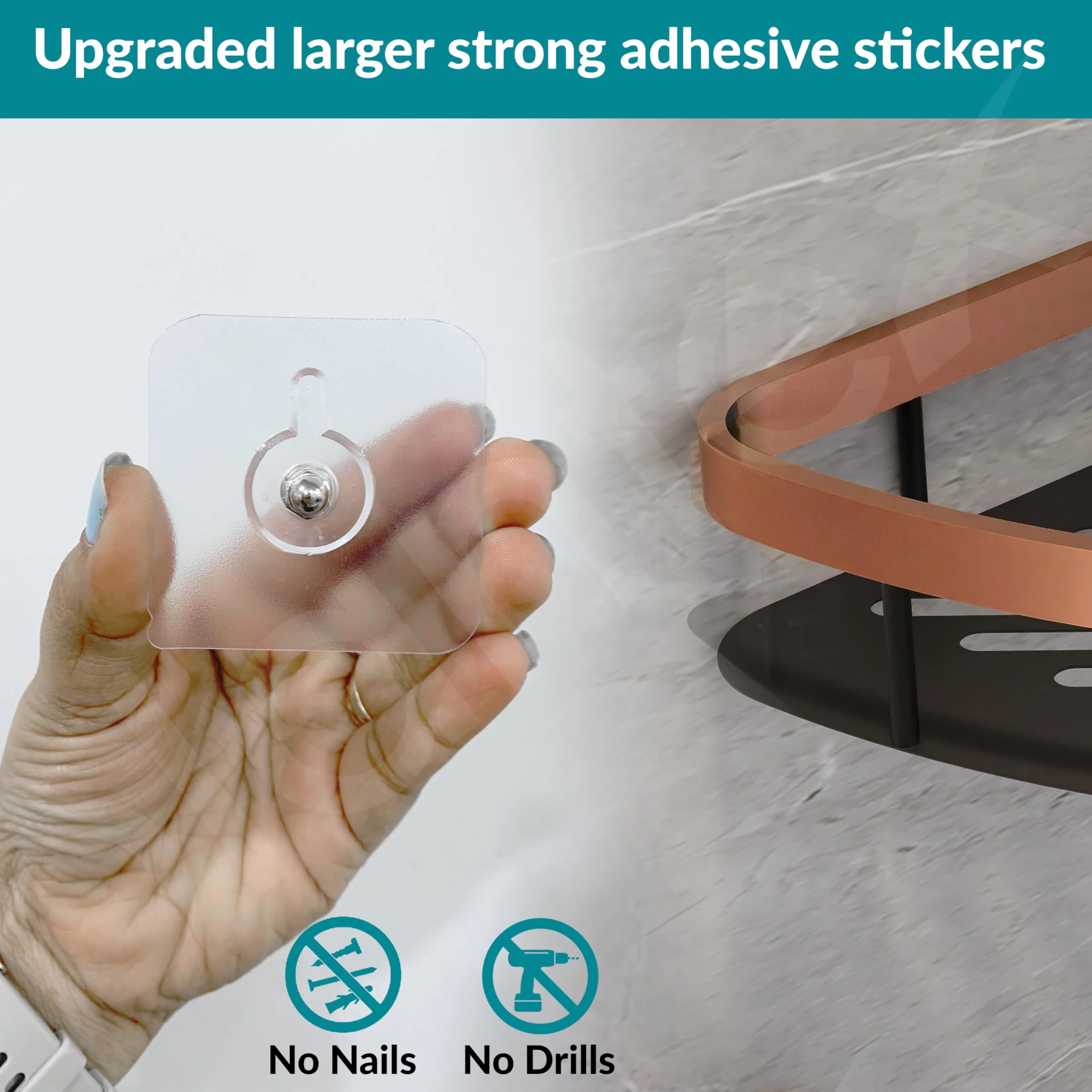 Plantex Self Adhesive Corner Shelf for Bathroom Wall/Aluminium & Stainless Steel Corner Rack/Storage Organizer/Bathroom Accessories Set -Pack of 1 (8 x 8 inch, Copper & Black) - Image 6