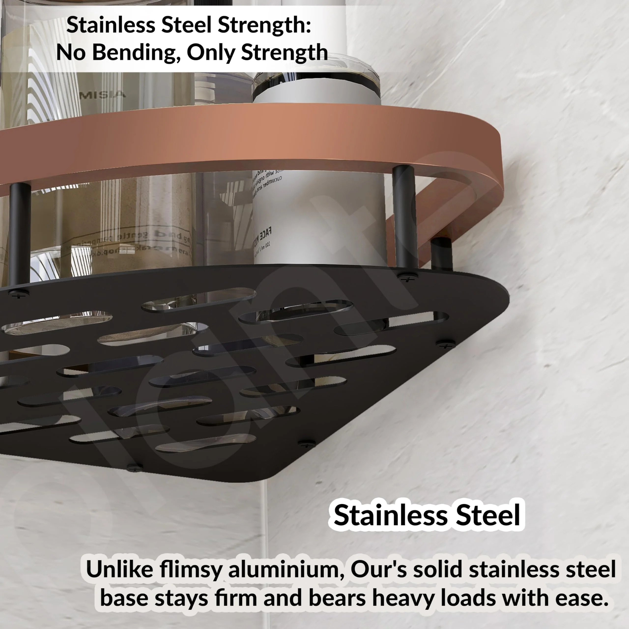 Plantex Self Adhesive Corner Shelf for Bathroom Wall/Aluminium & Stainless Steel Corner Rack/Storage Organizer/Bathroom Accessories Set -Pack of 1 (8 x 8 inch, Copper & Black) - Image 7