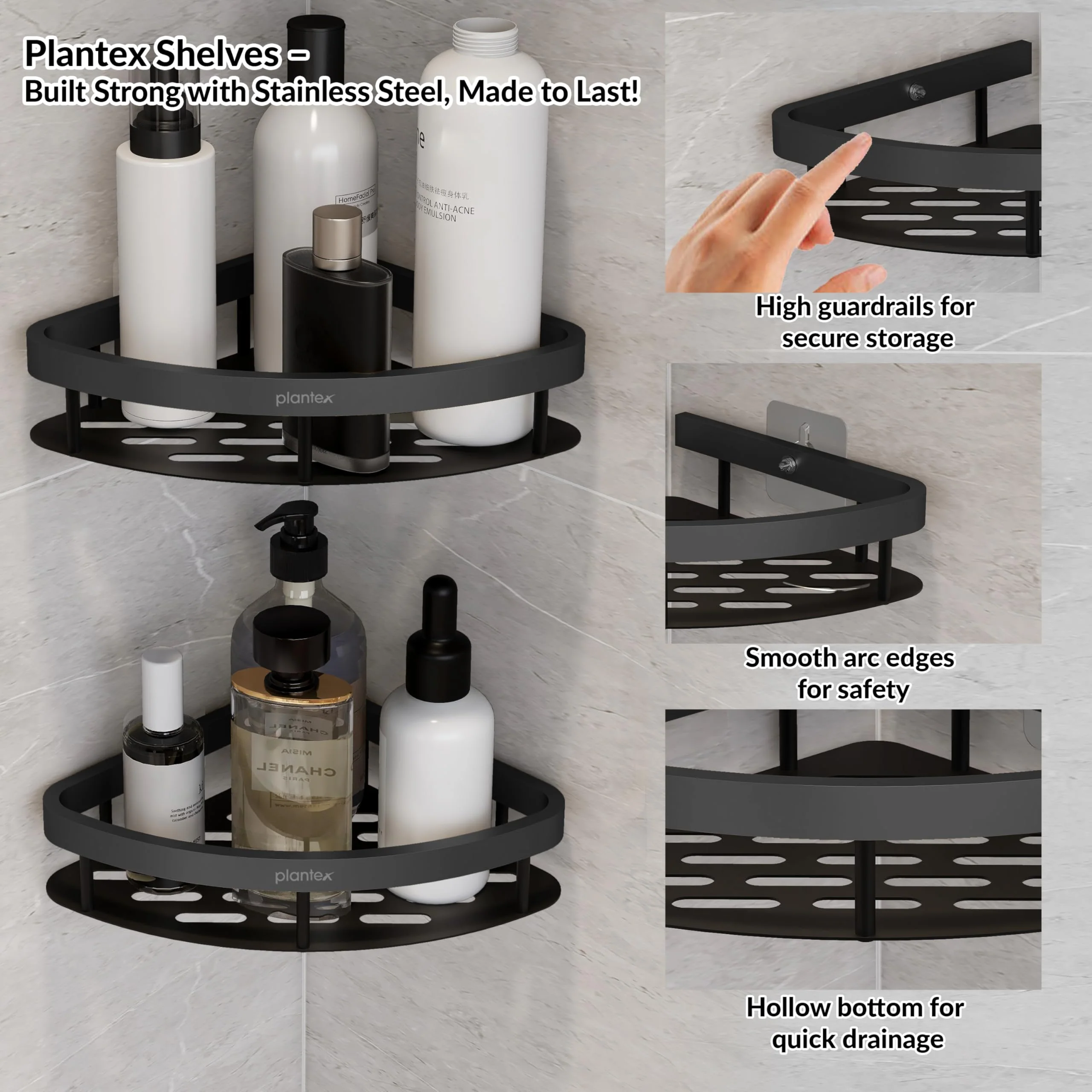 Plantex Self Adhesive Corner Shelf for Bathroom Wall/Aluminium & Stainless Steel Corner Rack/Storage Organizer/Bathroom Accessories Set- Pack of 4 (8 x 8 inch, Black) - Image 6