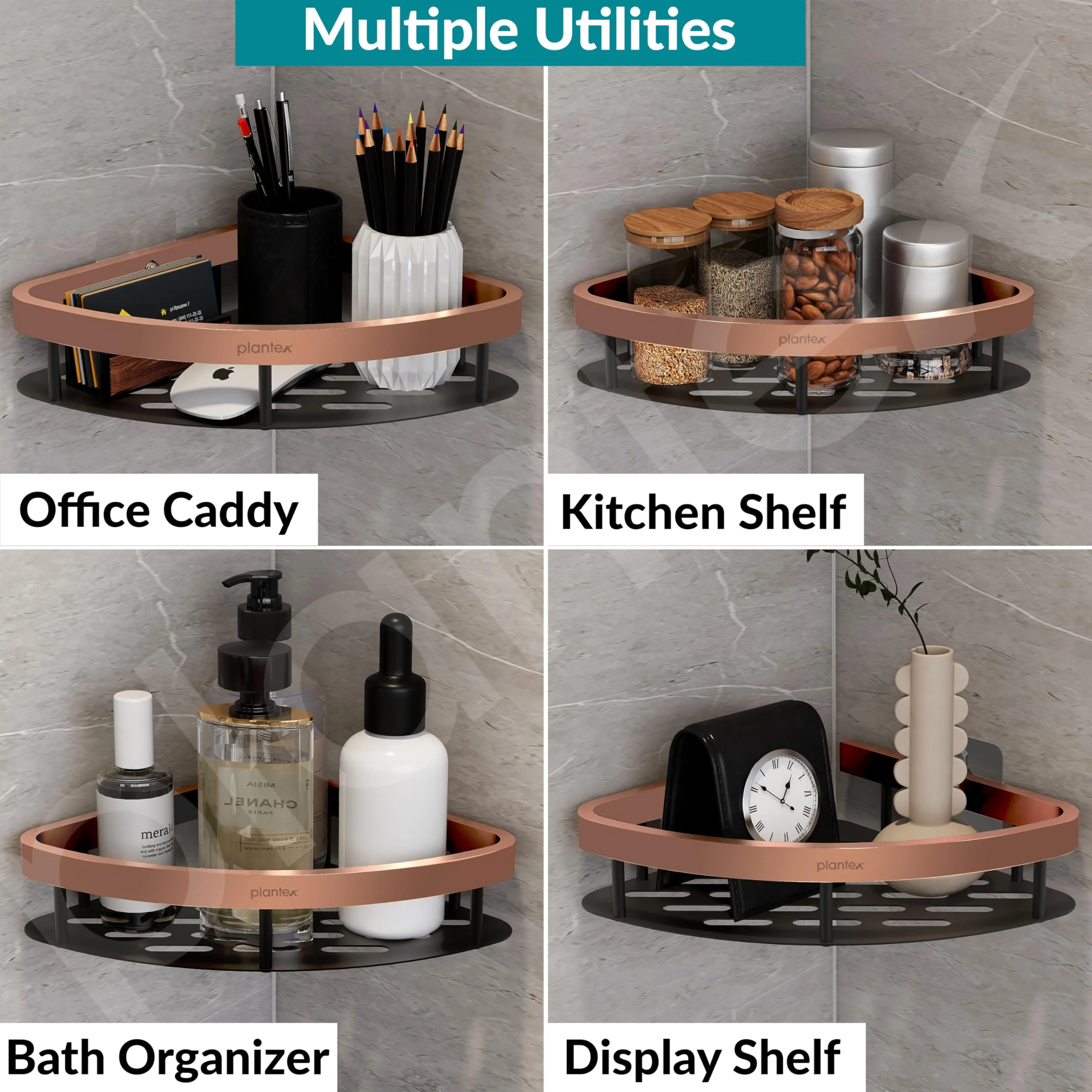 Plantex Self Adhesive Corner Shelf for Bathroom Wall/Aluminium & Stainless Steel Corner Rack/Storage Organizer/Bathroom Accessories Set - Pack of 4 (8 x 8 inch, Copper & Black) - Image 6
