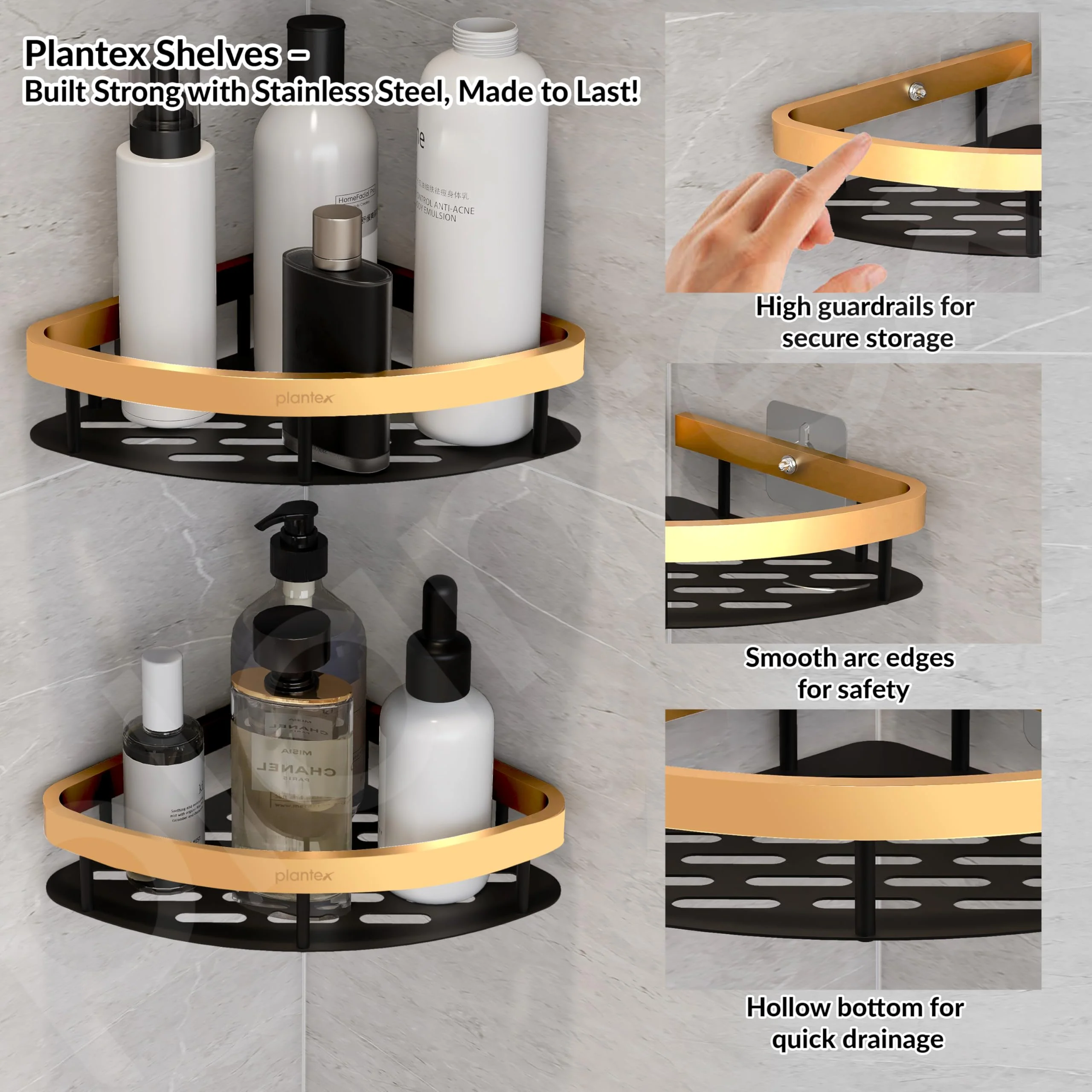 Plantex Self Adhesive Corner Shelf for Bathroom Wall/Aluminium & Stainless Steel Corner Shelf/Storage Organizer/Bathroom Accessories Set- Pack of 1 (8 x 8 inch, Gold & Black) - Image 2