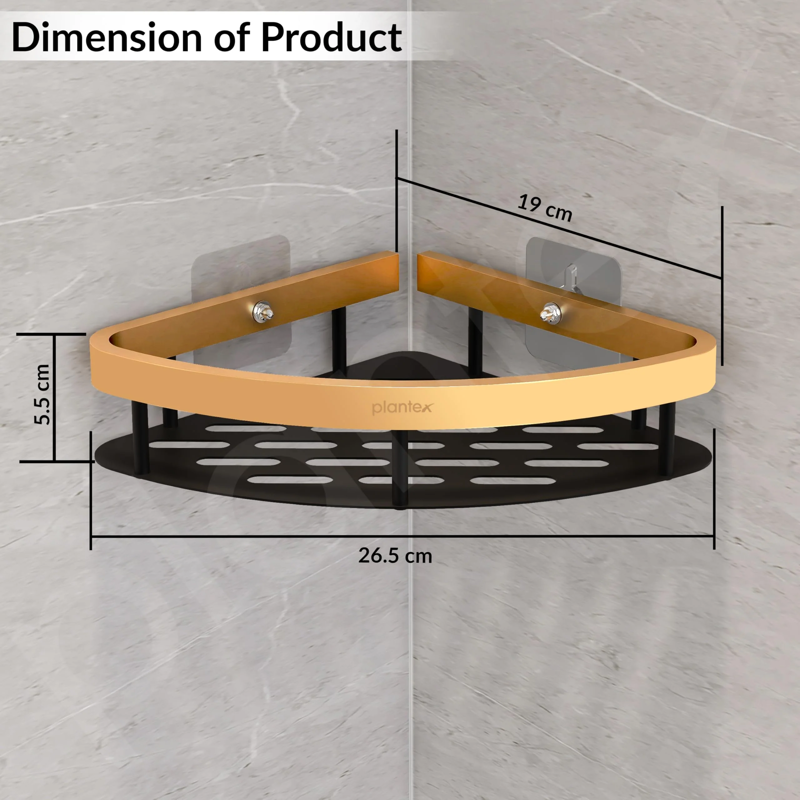 Plantex Self Adhesive Corner Shelf for Bathroom Wall/Aluminium & Stainless Steel Corner Shelf/Storage Organizer/Bathroom Accessories Set- Pack of 1 (8 x 8 inch, Gold & Black) - Image 3