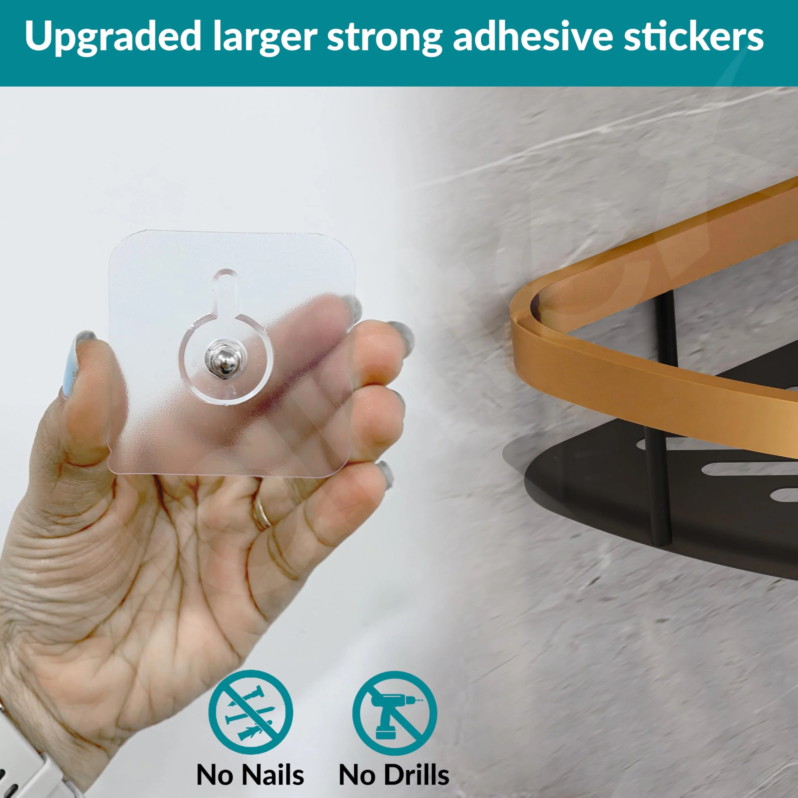 Plantex Self Adhesive Corner Shelf for Bathroom Wall/Aluminium & Stainless Steel Corner Shelf/Storage Organizer/Bathroom Accessories Set- Pack of 1 (8 x 8 inch, Gold & Black) - Image 6