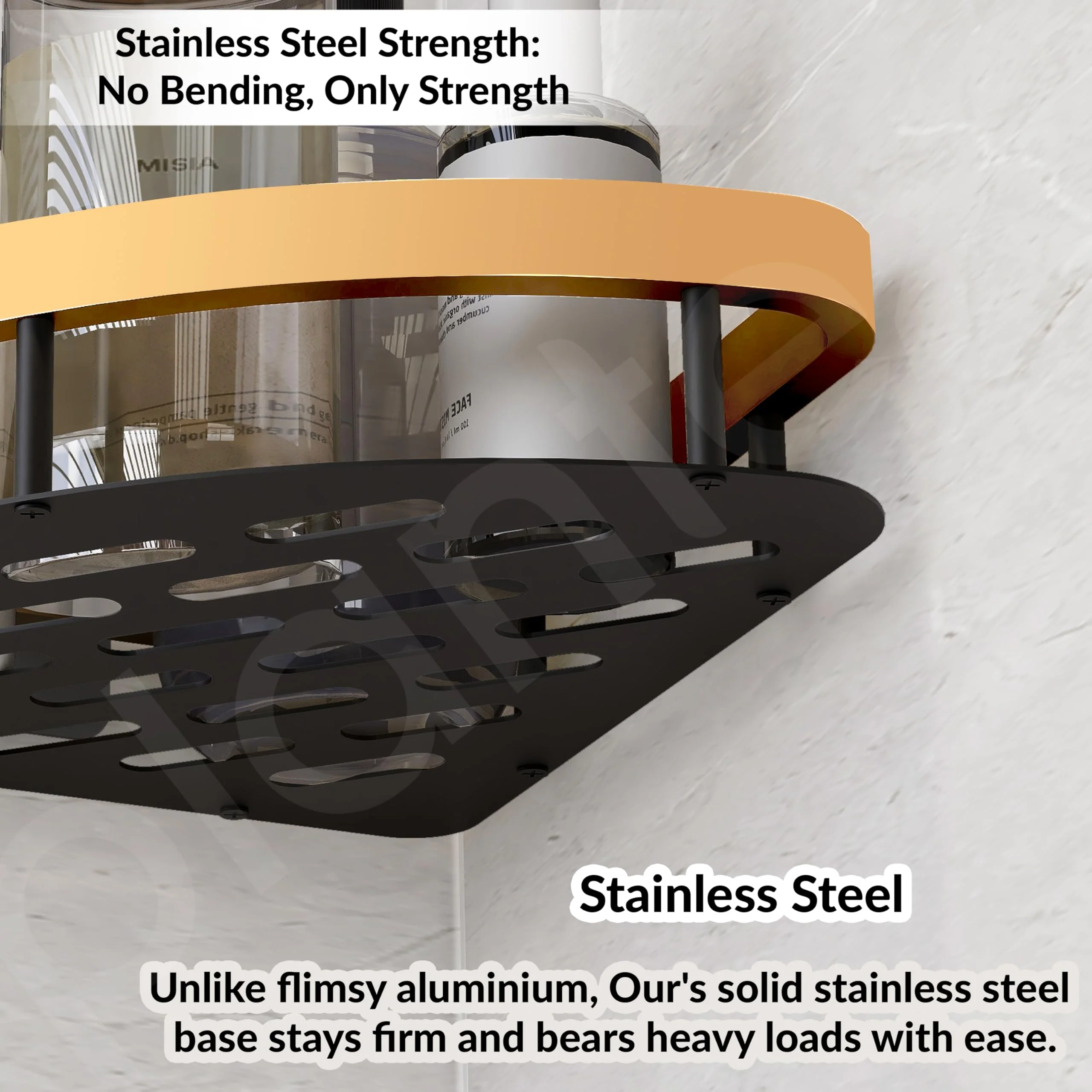 Plantex Self Adhesive Corner Shelf for Bathroom Wall/Aluminium & Stainless Steel Corner Shelf/Storage Organizer/Bathroom Accessories Set- Pack of 1 (8 x 8 inch, Gold & Black) - Image 7