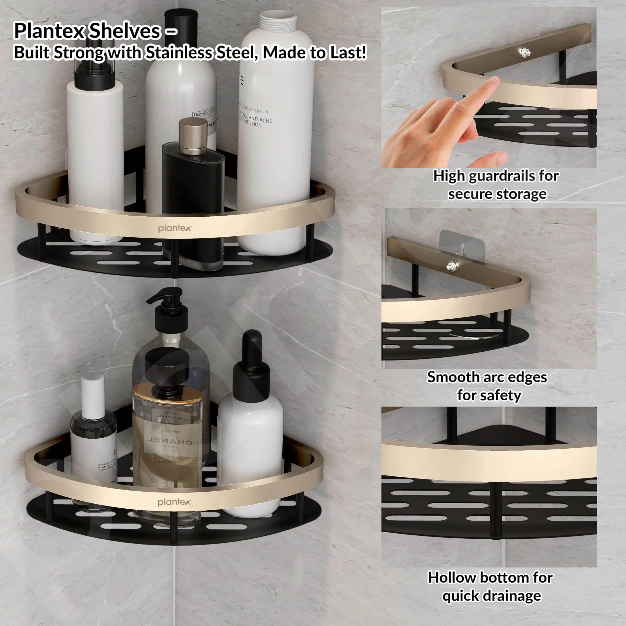 Plantex Self Adhesive Corner Shelf for Bathroom Wall/Aluminium & Stainless Steel Corner Shelf/Storage Organizer/Bathroom Accessories Set- Pack of 1 (8 x 8 inch, Satin & Black) - Image 2