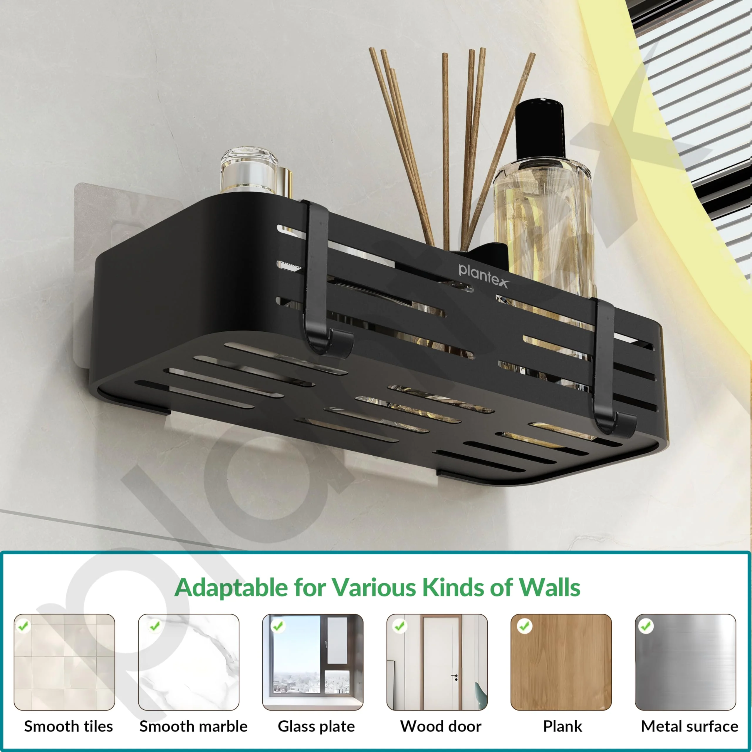 Plantex Self Adhesive Shelf for Bathroom Wall/Aluminium Kitchen Rack Adhesive with Removable Hooks & Magic Stickers/Bathroom Organiser Without Drill (12x5 inches, Matt Black) - Image 6