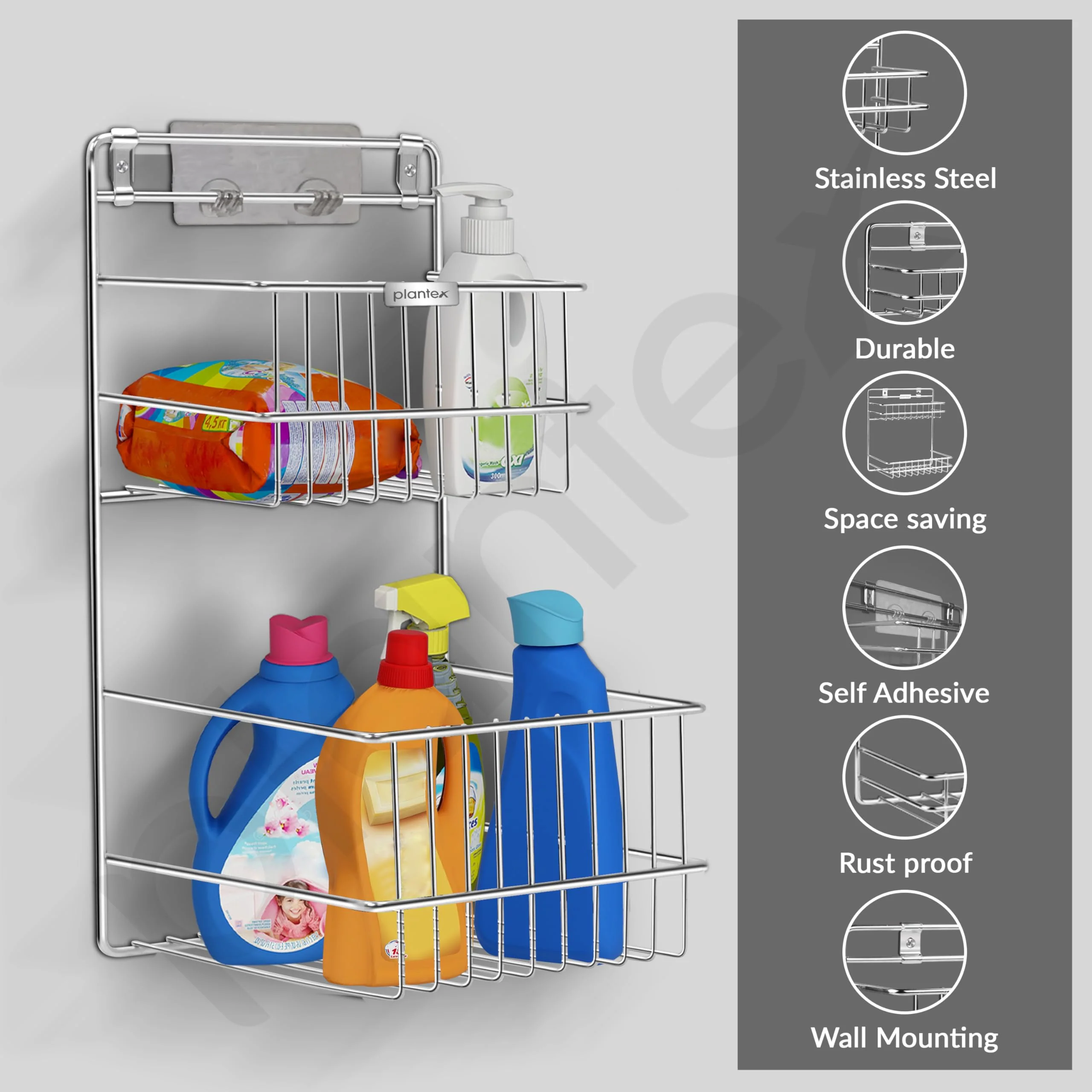 Plantex Self Adhesive Shelf/Stainless Steel Bathroom Detergent Holder/Bathroom Organiser Without Drill/Under The Sink Detergent Holder/Multipurpose Shelf (Large,Chrome) - Image 4