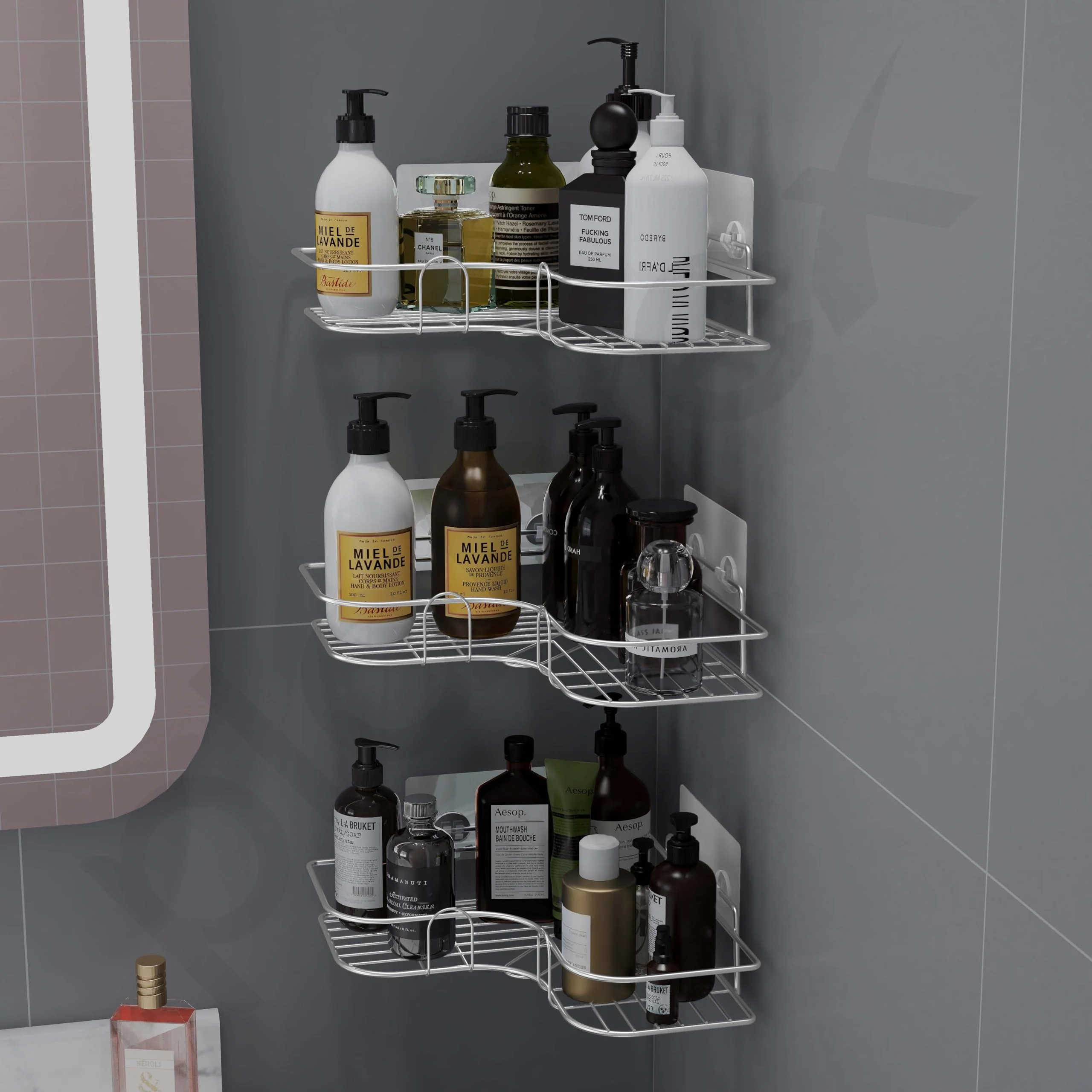 Plantex Self Adhesive Stainless Steel Bathroom Shelf for Wall/No Drill Corner Shelves for Bathroom Organiser/Wall Mounted Shelves Without Drill/Corner Shelf & Rack for Kitchen-(Chrome, Pack of 3) - Image 7