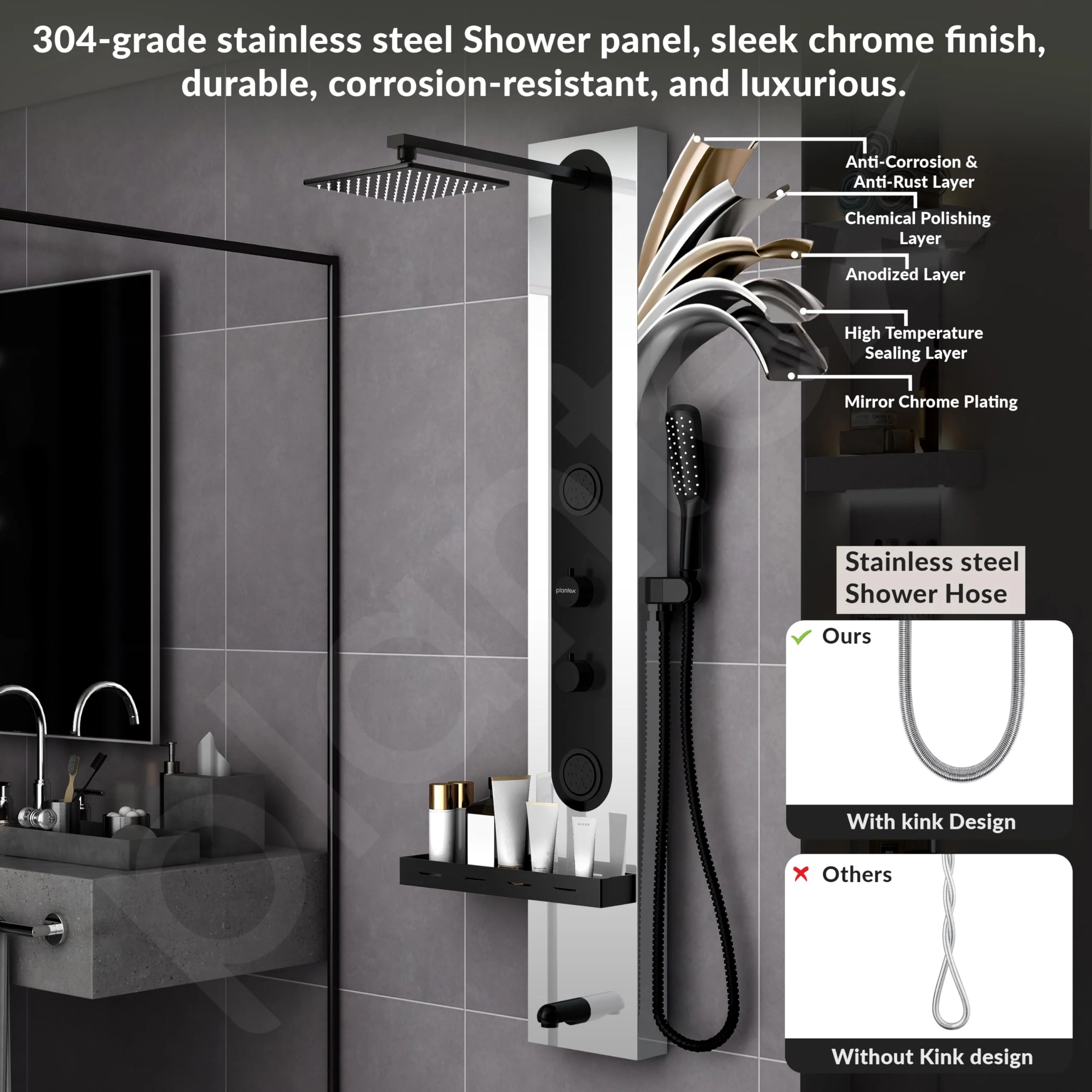 Plantex Shower Panel for Bathroom/304 Grade Stainless Steel Modern Shower System with Head Shower/Hand Shower & Massage Spray Jet for Bathroom - Pack of 1 (Chrome and Black, KM-8097) - Image 2