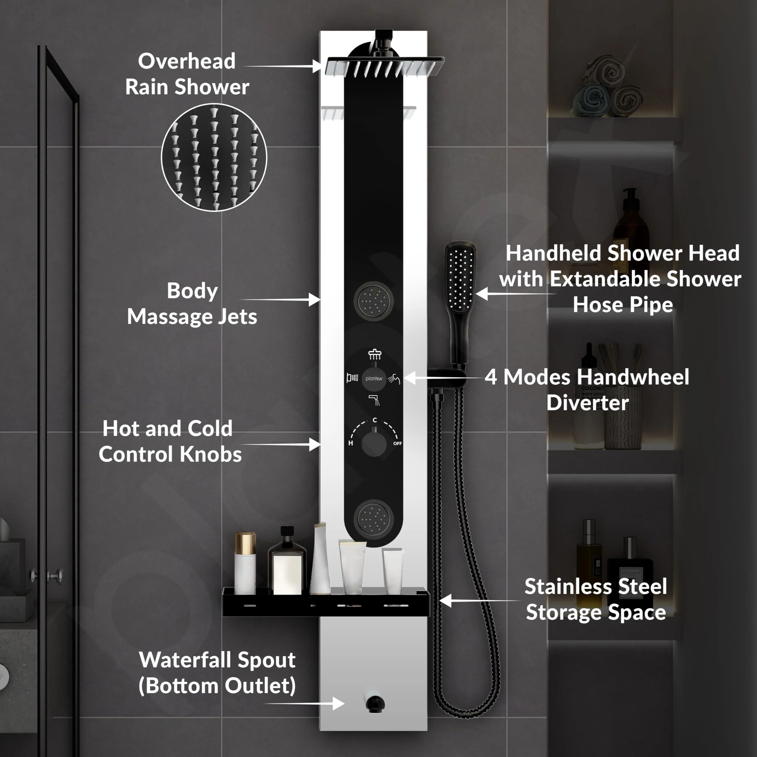 Plantex Shower Panel for Bathroom/304 Grade Stainless Steel Modern Shower System with Head Shower/Hand Shower & Massage Spray Jet for Bathroom - Pack of 1 (Chrome and Black, KM-8097) - Image 3