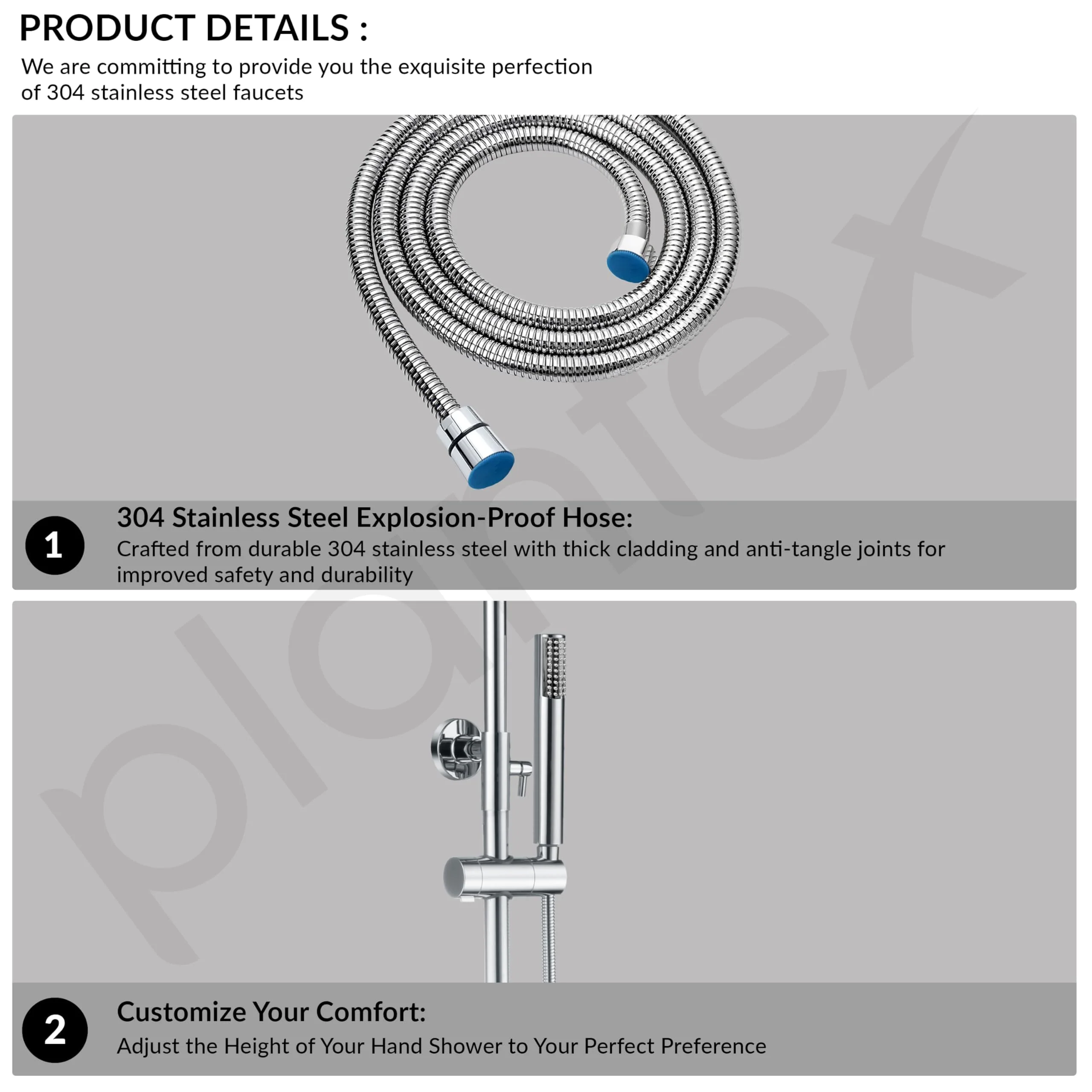 Plantex Shower Panel for Bathroom/Full Set with Head and Hand Shower with Adjustable Clamp and 304 Stainless Steel Hose Pipe - (Chrome) - Image 6
