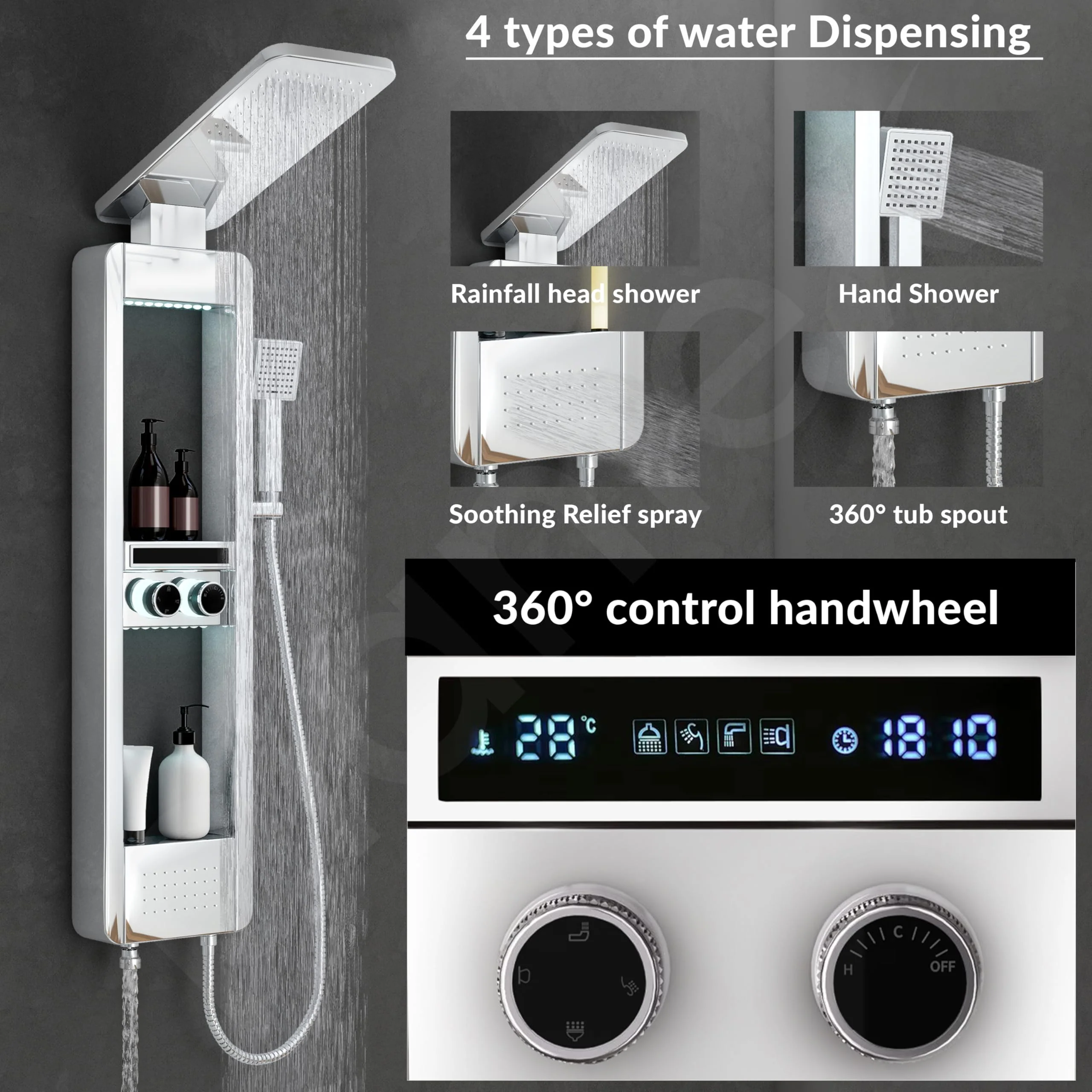 Plantex Shower Panel for Bathroom with Hand Shower/Body Massage Jets/Showerhead/304 Grade Stainless Steel Showers System with Hot & Cold Mixer (KM-8103-Chrome) - Image 4