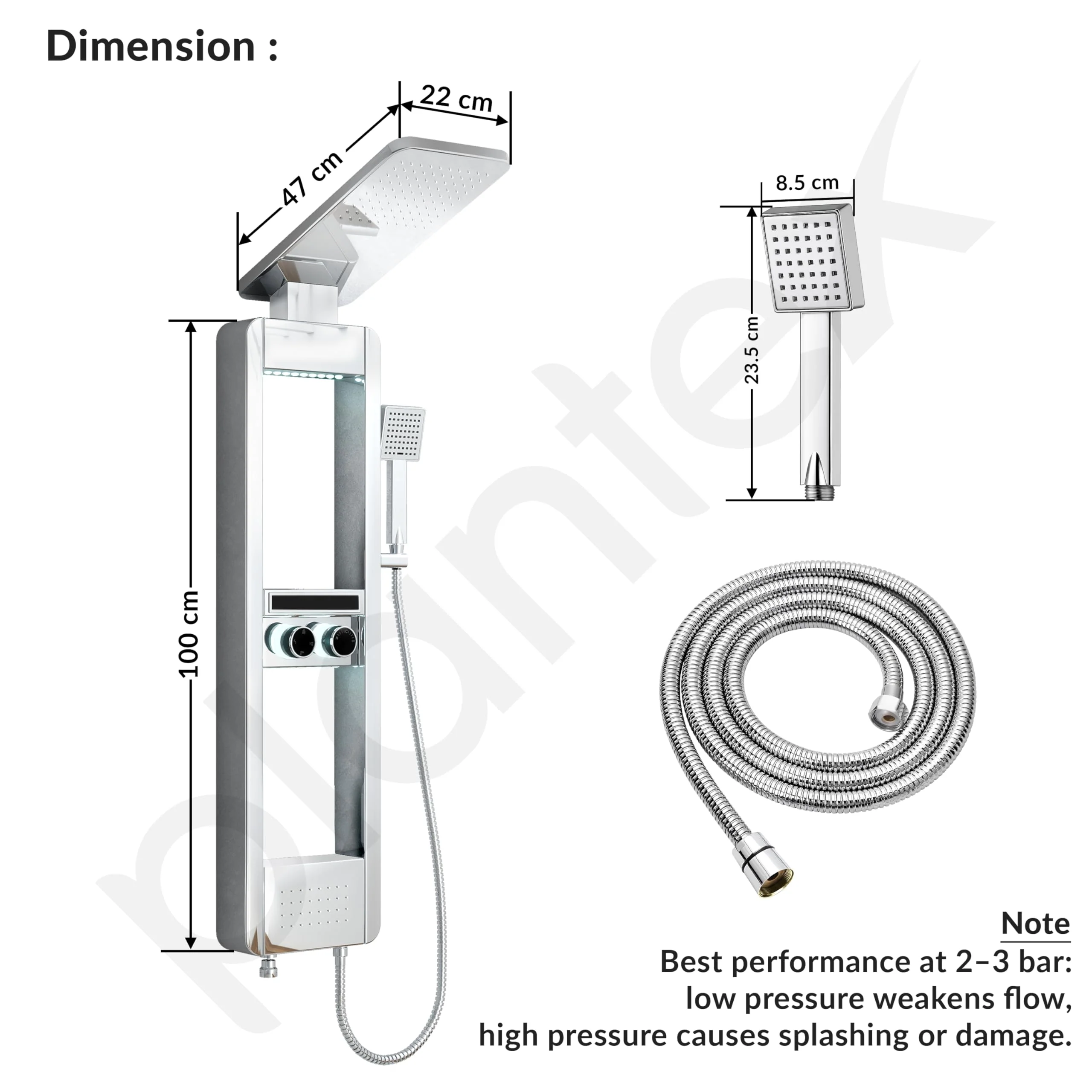 Plantex Shower Panel for Bathroom with Hand Shower/Body Massage Jets/Showerhead/304 Grade Stainless Steel Showers System with Hot & Cold Mixer (KM-8103-Chrome) - Image 5