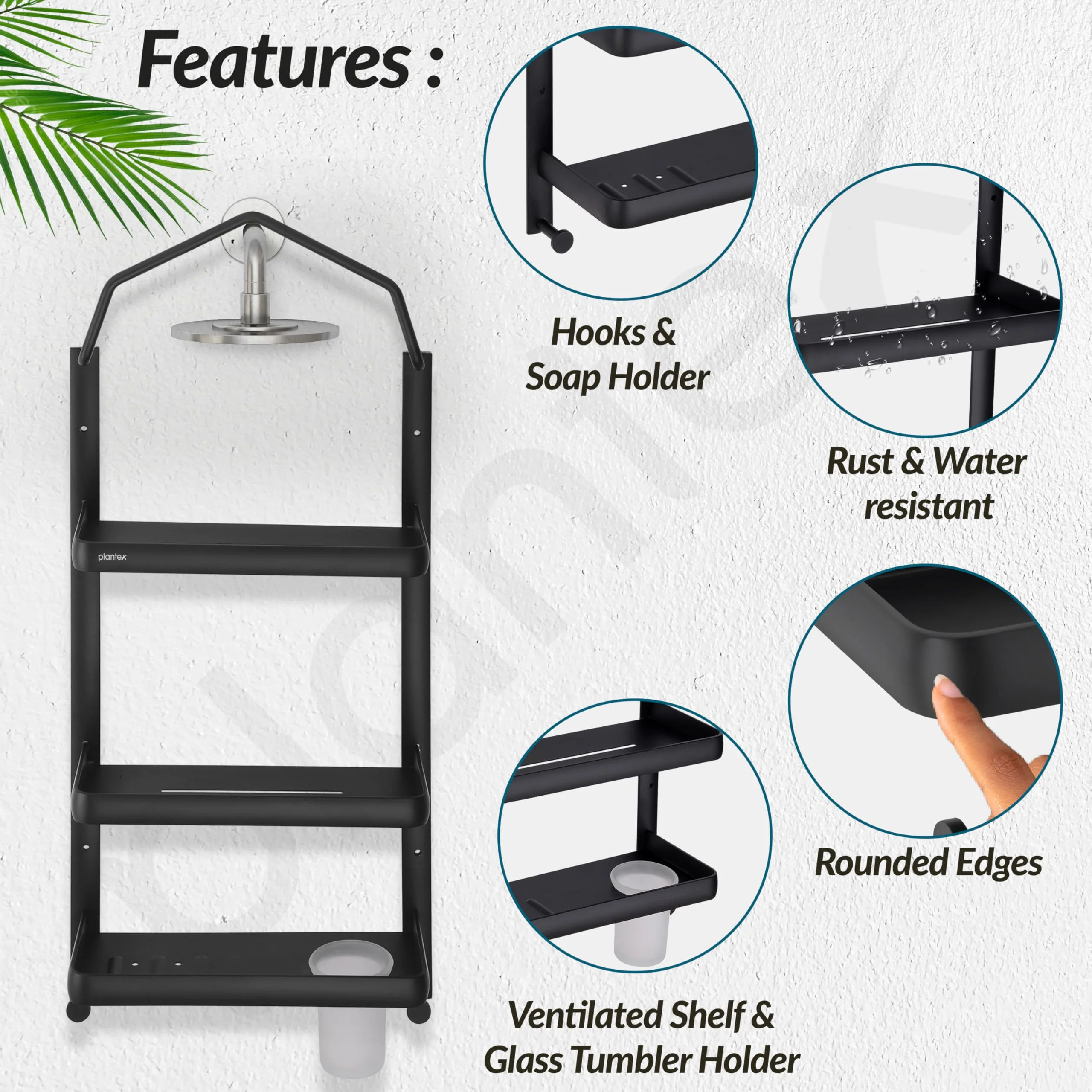 Plantex Shower Rack/Self Adhesive Shower Caddy for Bathroom Hanging/3 Layer Shower Shelf for Bathroom with Soap Dish Holder,Toothbrush Holder (1520, Black) - Image 2