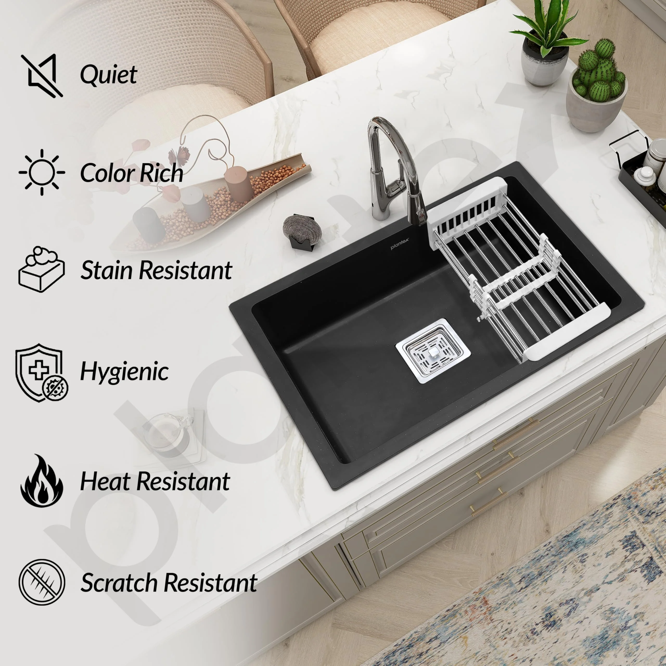 Plantex Single Bowl Kitchen Sink/Quartz Sink For Kitchen/Non-Fading Matt Black Colour With Uv Protection/Undermount/Topmount (Black / 18 X 16 Inches) - Image 7