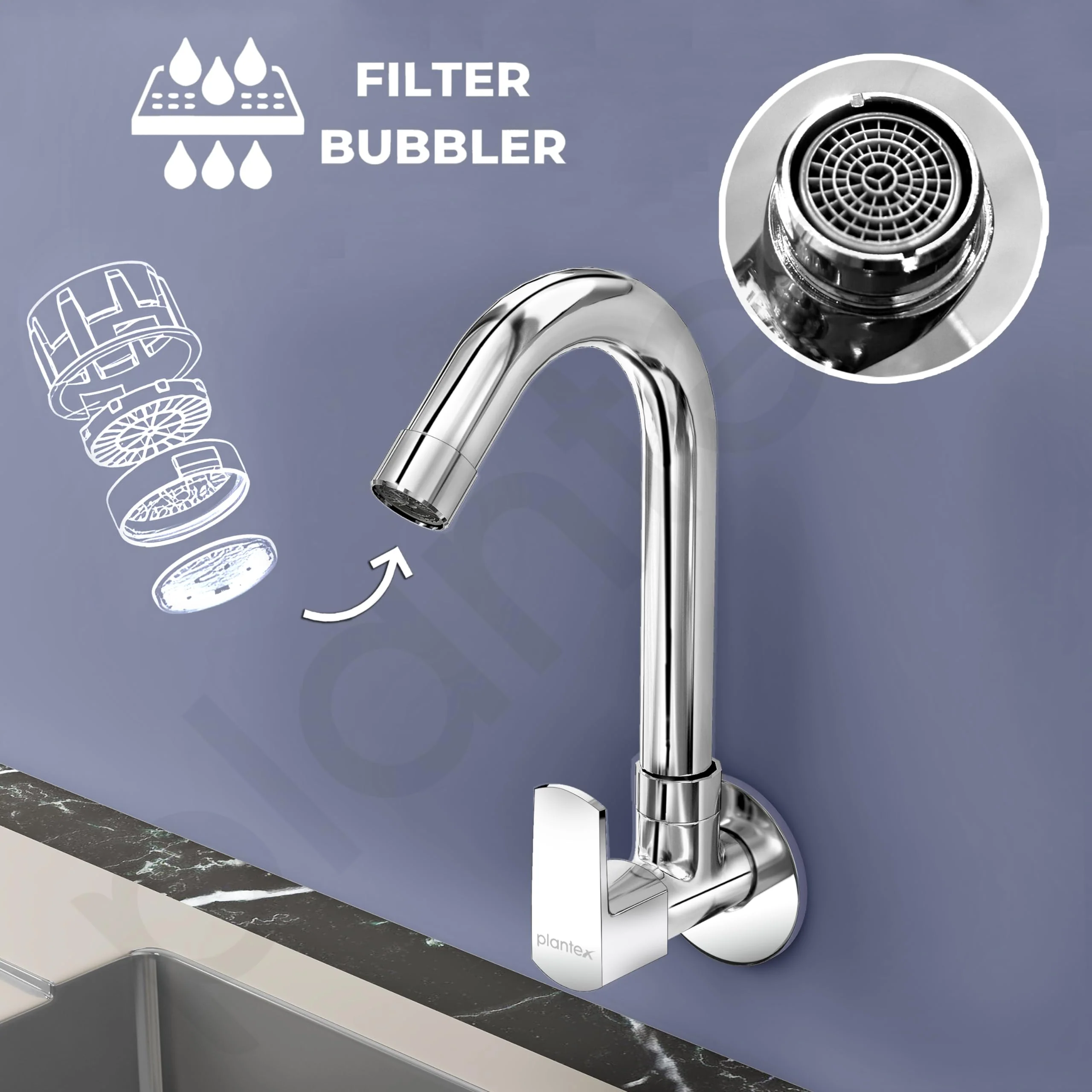 Plantex Single Lever Kitchen Sink Tap with Water Saving Aerator and Brass Spindle Tap/Quarter Turn Sink tap for Kitchen Basin with Wall Flange and Teflon Tape (Saga-Chrome) - Image 3