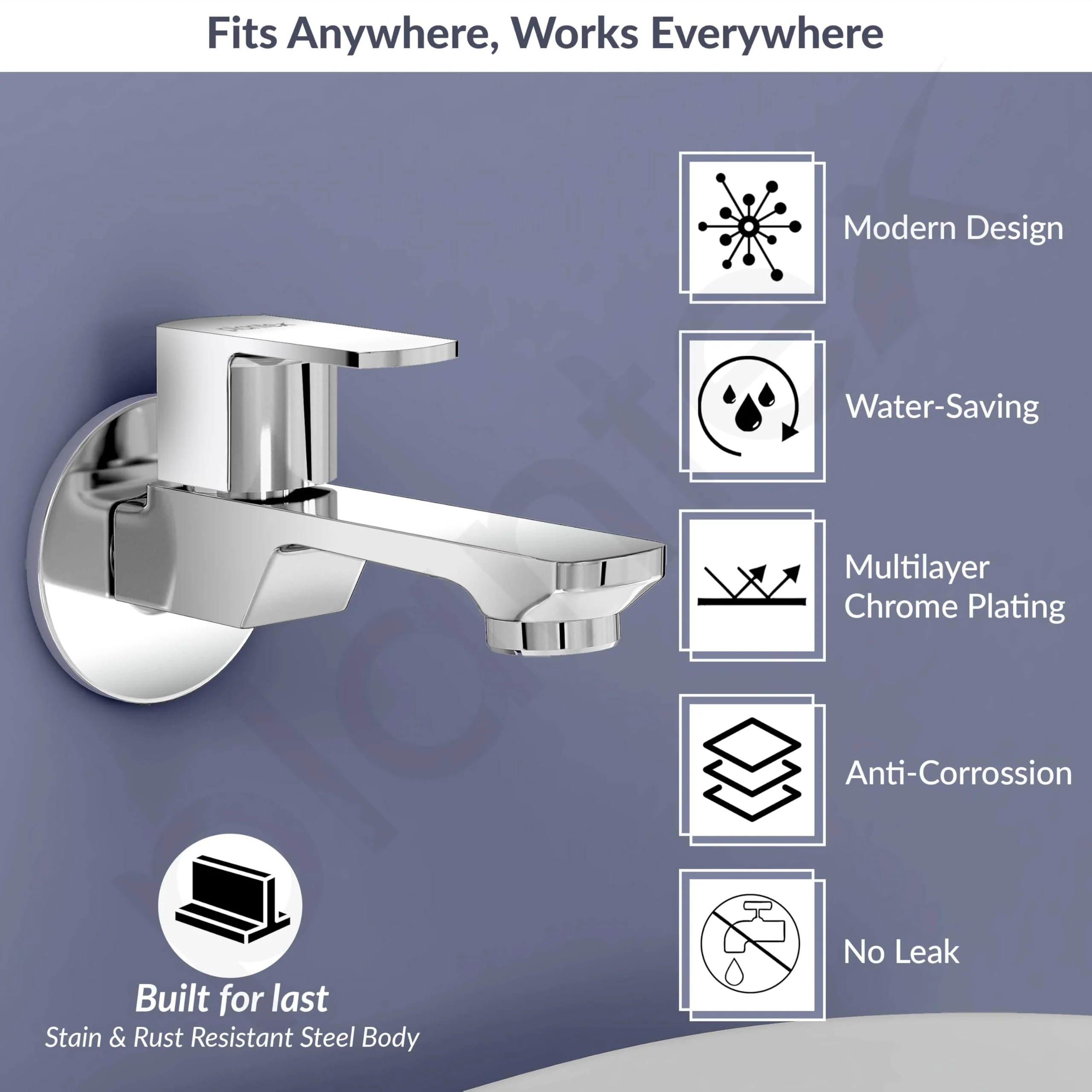 Plantex Single Lever Long Body Bib Tap for Bathroom with Water Saving Aerator/Tap for Wash Basin with Brass Spindle/Wall Mount Bib Tap with Wall Flange and Teflon Tape (SAGA-1292- Chrome) - Image 3