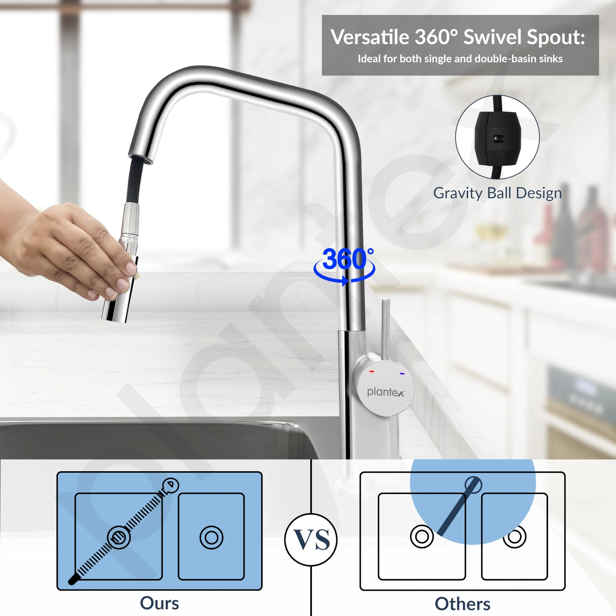 Plantex Single Lever Pull-Down Kitchen Sink Tap/Sink Mixer Tap Hot and Cold/360° Swivel Spout Faucet for Kitchen - Deck Mounted - (8991-Chrome) - Image 5