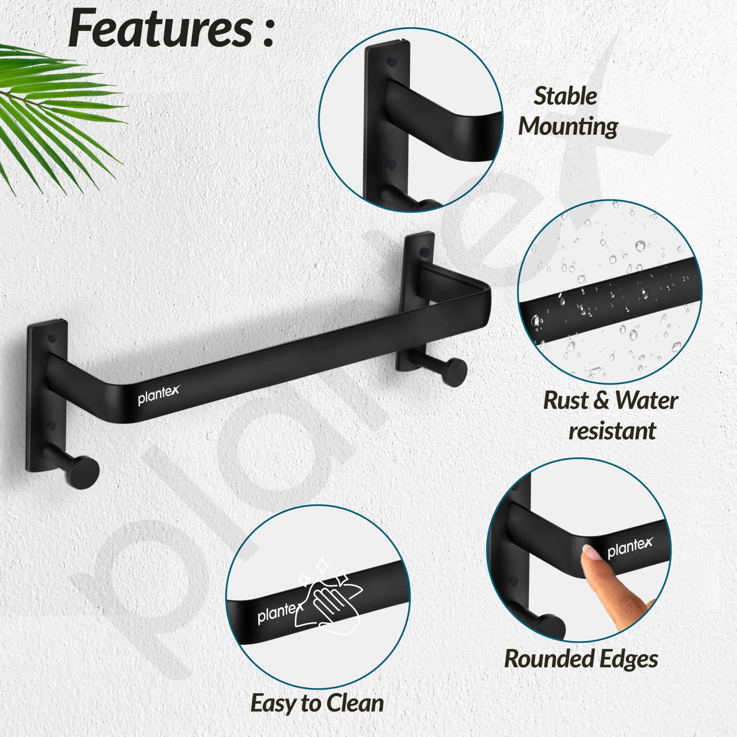 Plantex Single Towel Rod for Bathroom/Cloth Hanger for Wall/Towel Holder/9 Inch Towel Bar/Bathroom Accessories (1511, Black) - Image 2