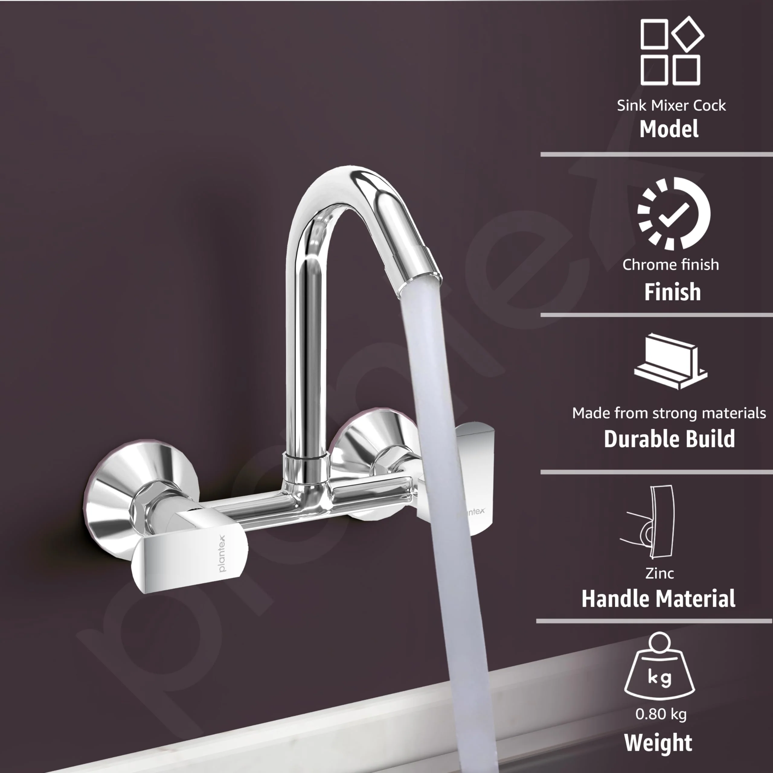 Plantex Sink Mixer for Kitchen/360 Degree Rotating Spout/Hot & Cold Water Mixer/Wall Mount Sink Mixer with Teflon Tap - Pack of 1 (Chrome, Kroma) - Image 4