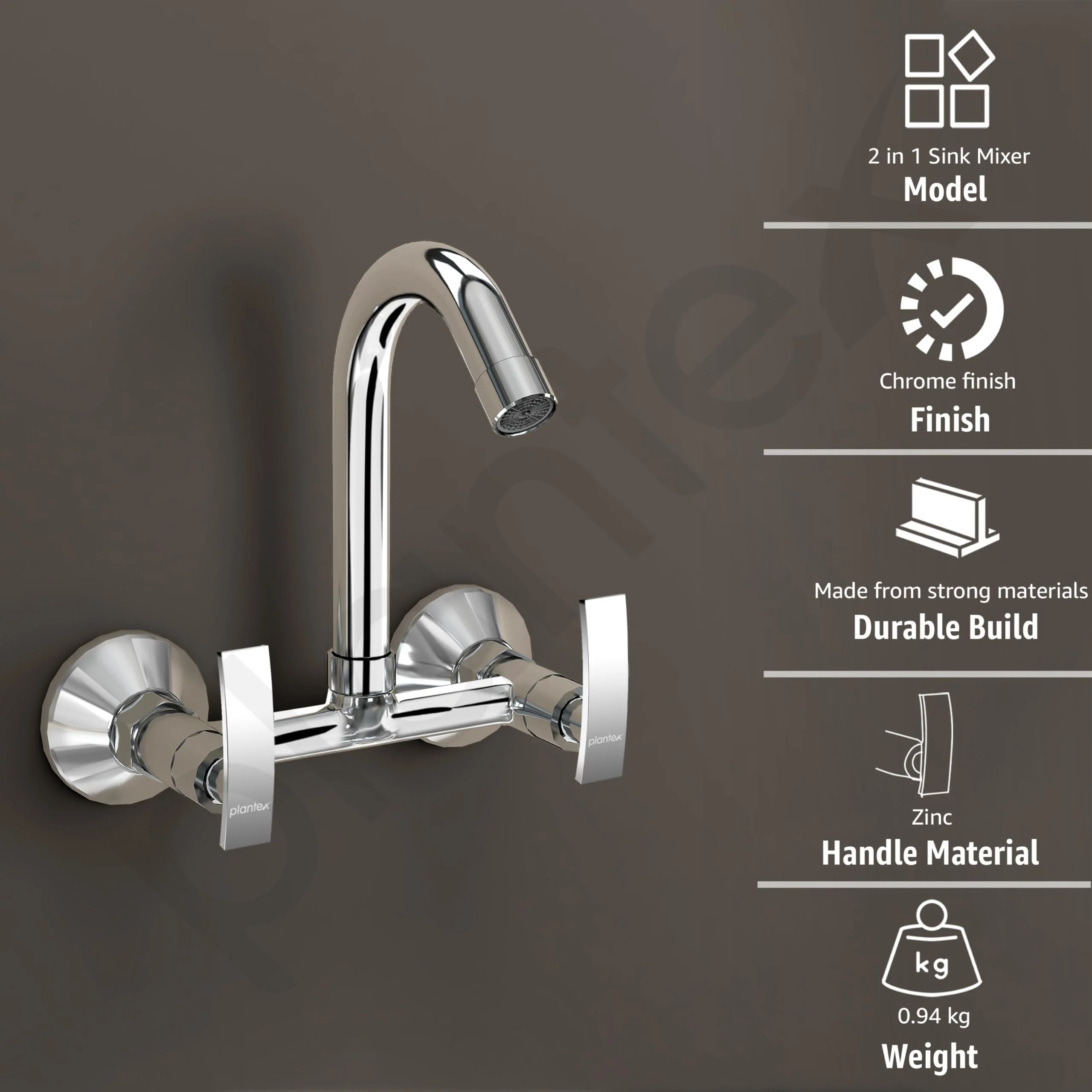 Plantex Sink Mixer Tap Hot and Cold/Mixer Tap for Kitchen Sink with Brass Spindle/Kitchen Sink Faucet with Wall Flange and Teflon Tape (Samar-Chrome) - Image 2