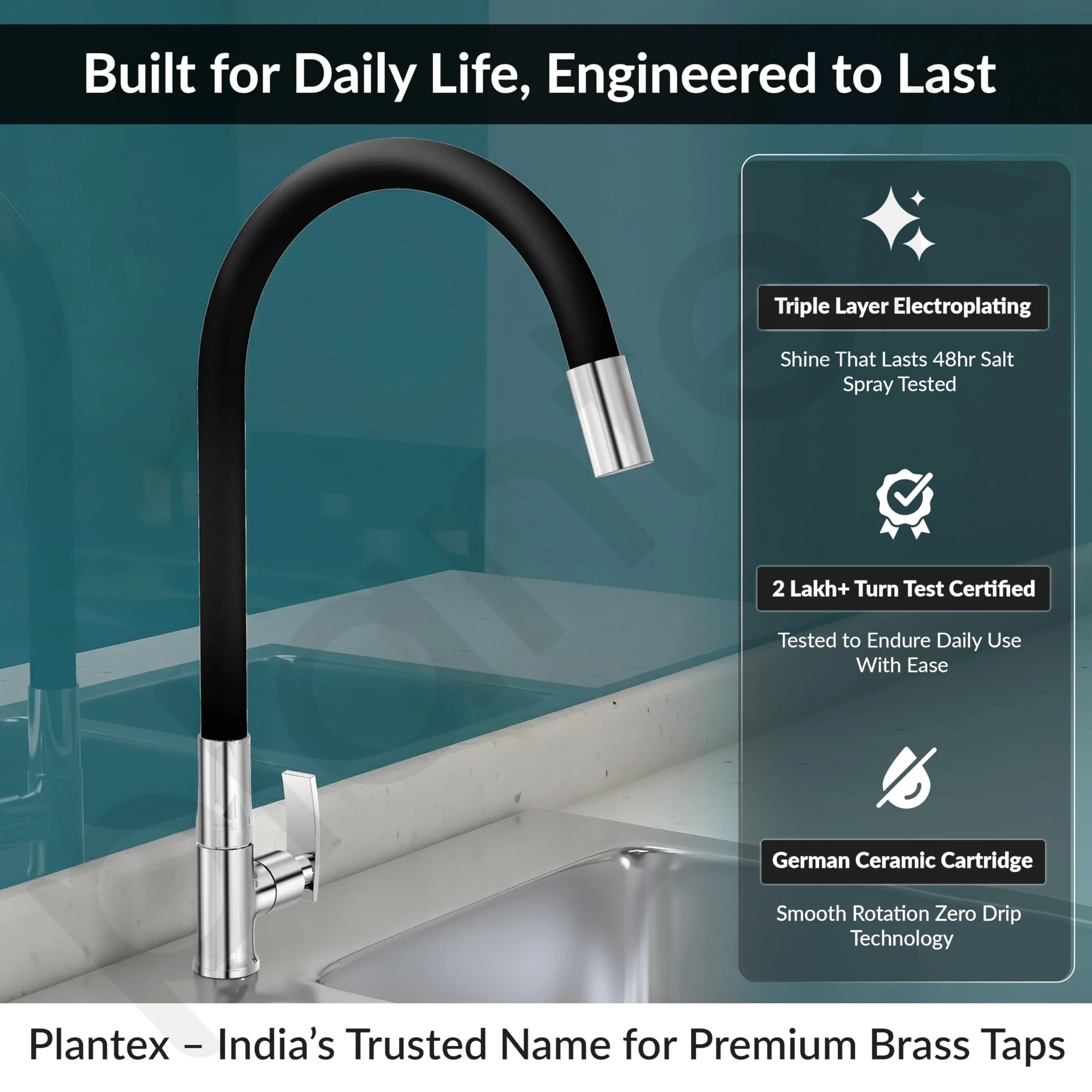 Plantex Sink Tap For Basin With Water Saving Nozzle For Sink Tap/Flexible Silicone Swivel Spout Kitchen Faucet/Water Tap For Kitchen Sink-(COL-1012B), Black - Image 2