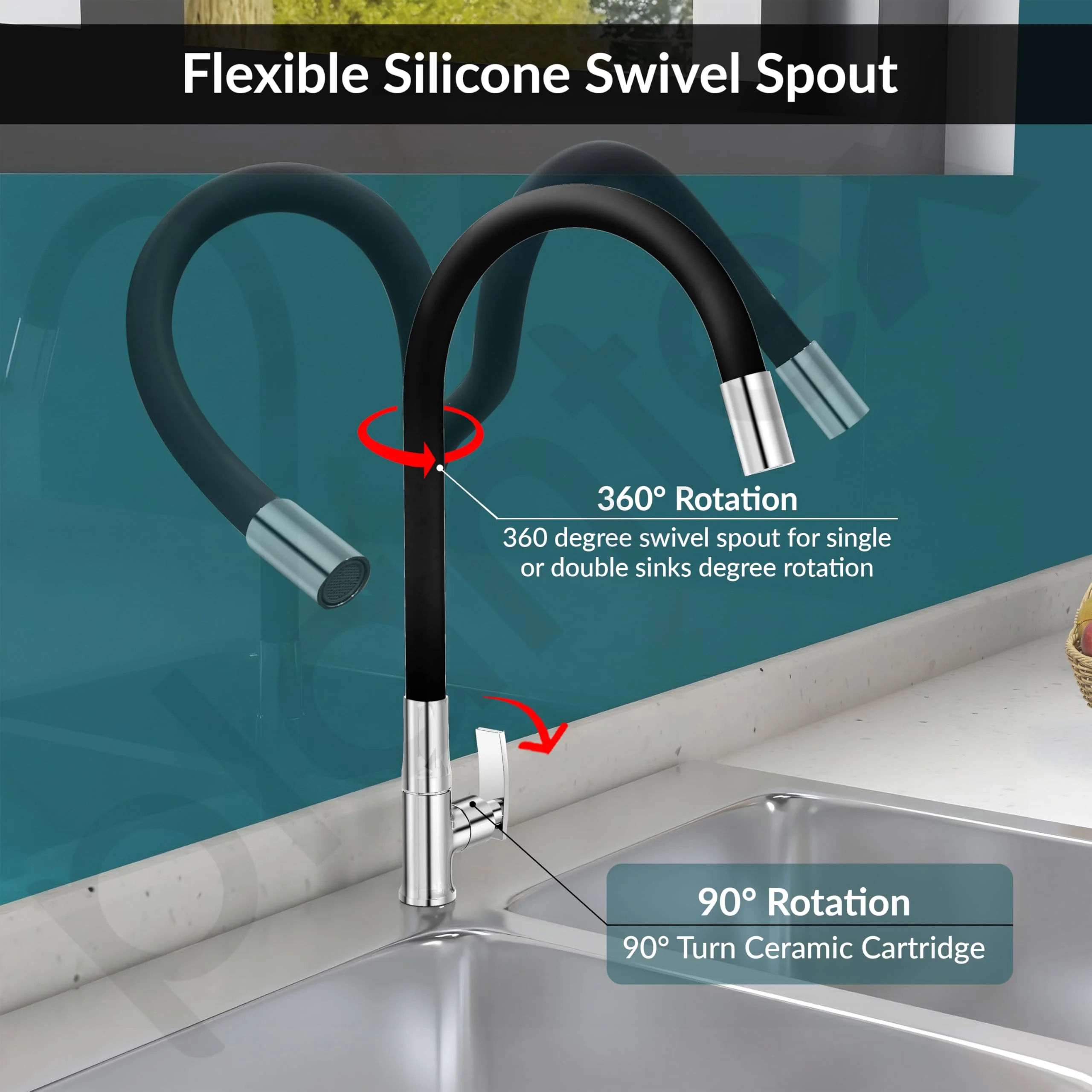 Plantex Sink Tap For Basin With Water Saving Nozzle For Sink Tap/Flexible Silicone Swivel Spout Kitchen Faucet/Water Tap For Kitchen Sink-(COL-1012B), Black - Image 6