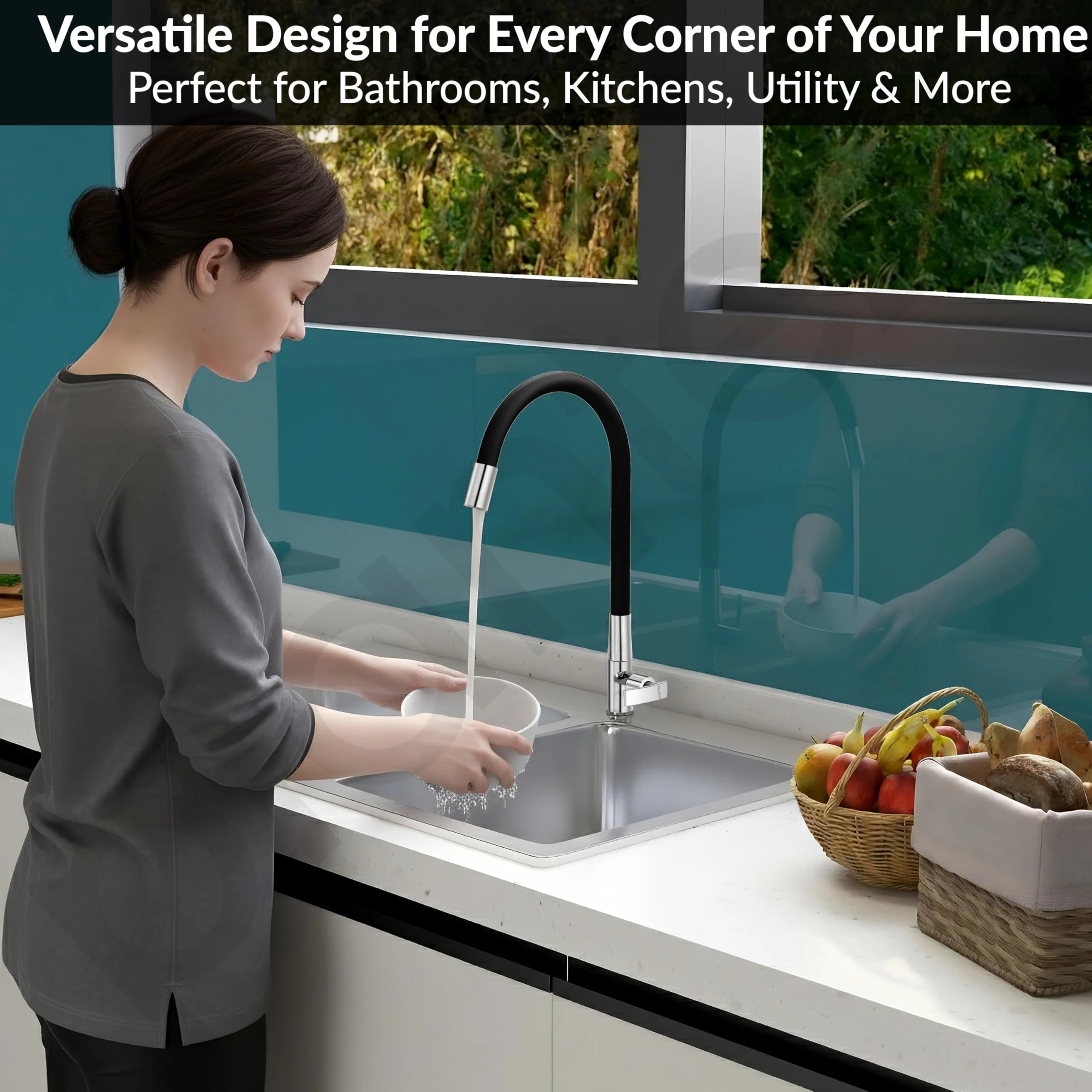 Plantex Sink Tap For Basin With Water Saving Nozzle For Sink Tap/Flexible Silicone Swivel Spout Kitchen Faucet/Water Tap For Kitchen Sink-(COL-1012B), Black - Image 7