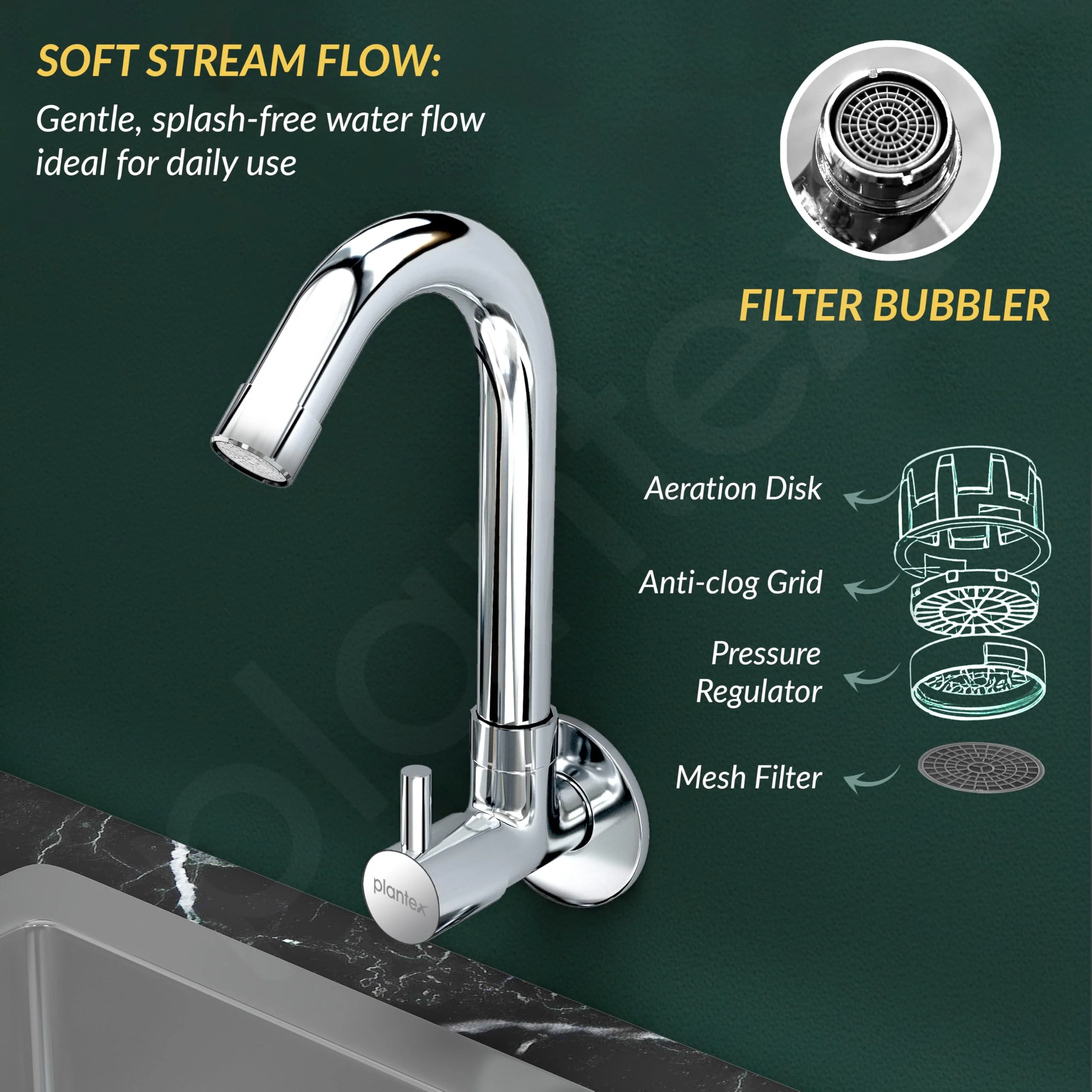 Plantex Sink Tap for Kitchen Basin/Wall Mount Kitchen Sink Tap with Wall Flange and Water Saving -(MKS-1277-Chrome) - Image 4