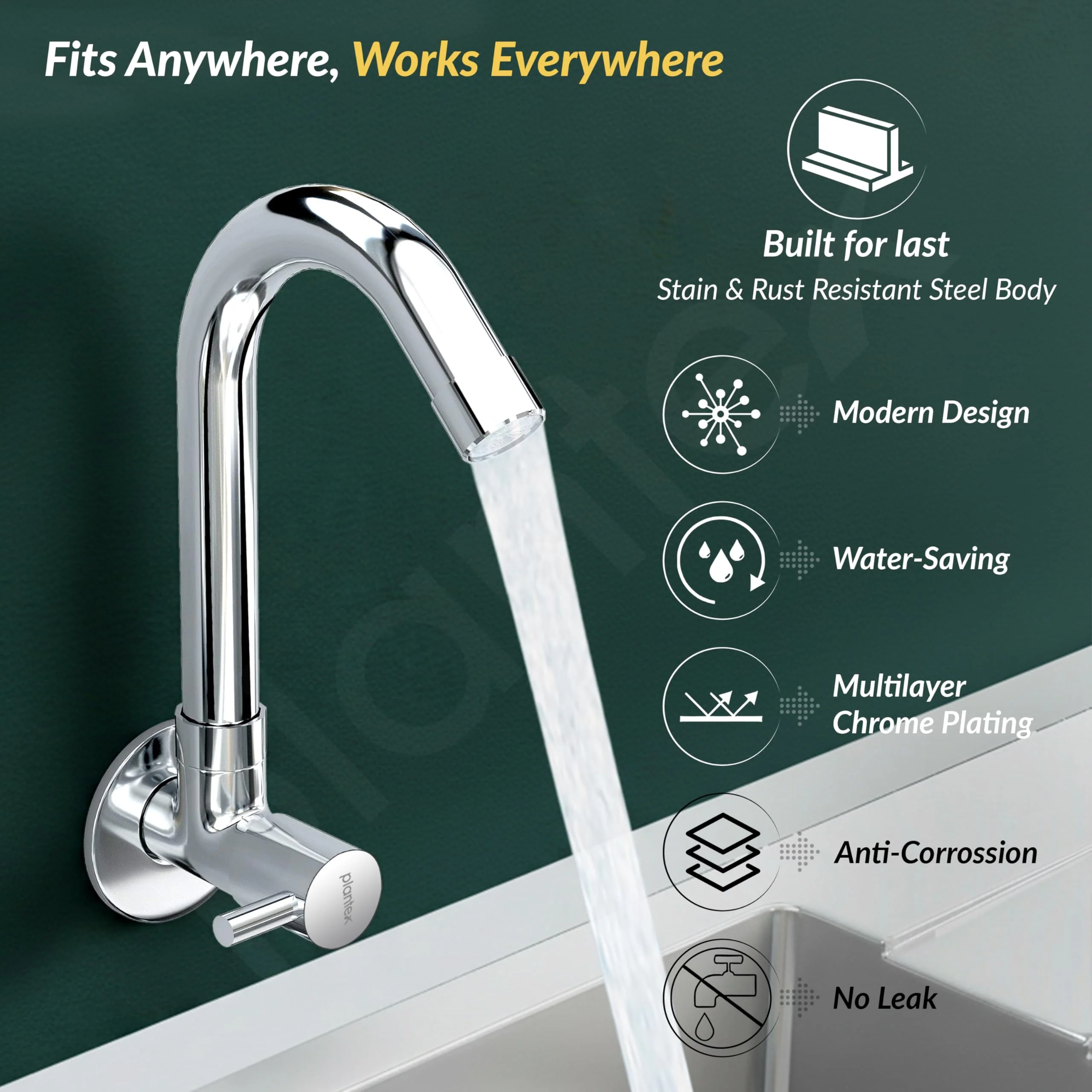 Plantex Sink Tap for Kitchen Basin/Wall Mount Kitchen Sink Tap with Wall Flange and Water Saving -(MKS-1277-Chrome) - Image 5