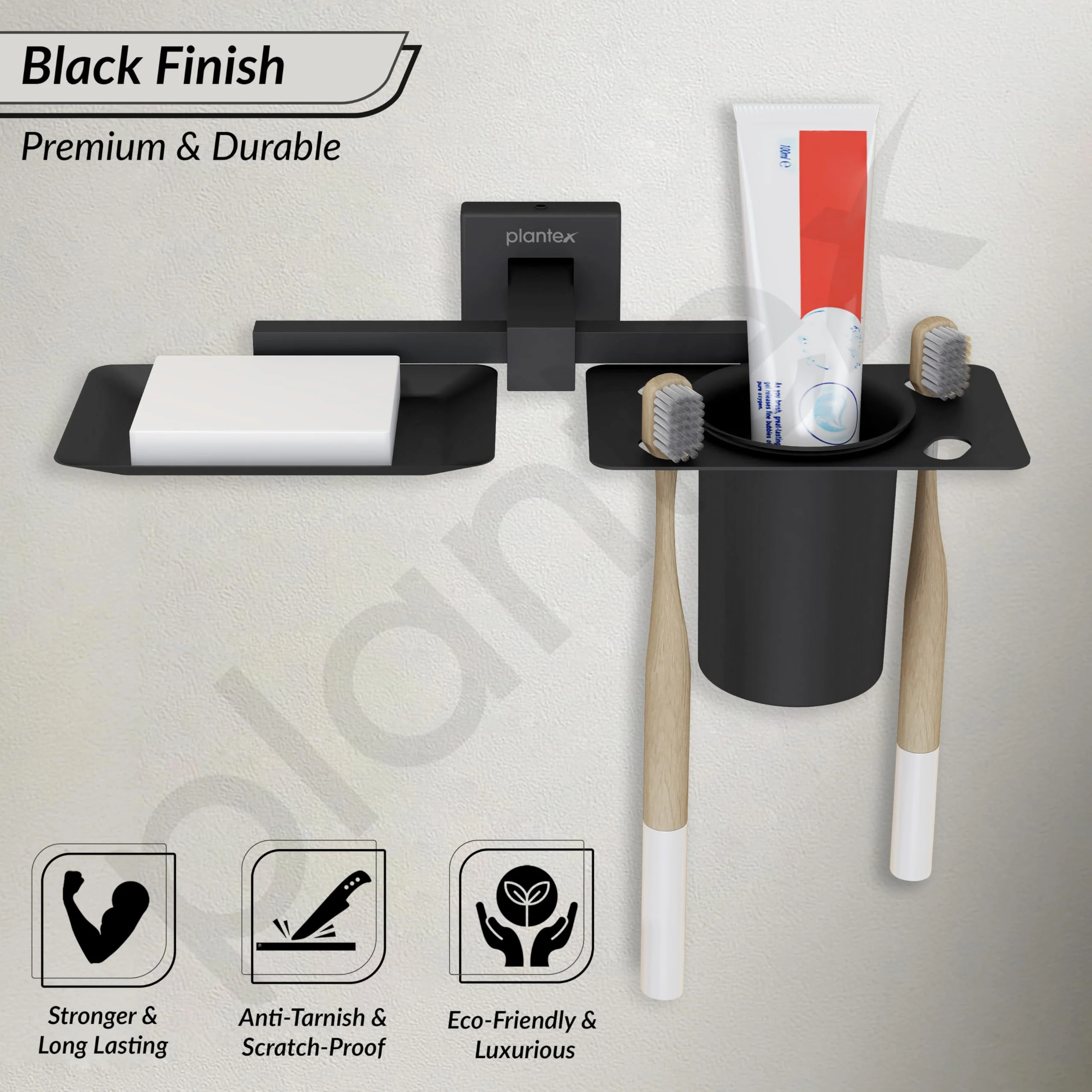 Plantex Soap Dish with Tumbler Holder/Soap Stand/Stainless Steel Soap Case with Toothbrush Holder/Bathroom Accessories - Aqua (Black) - Image 2