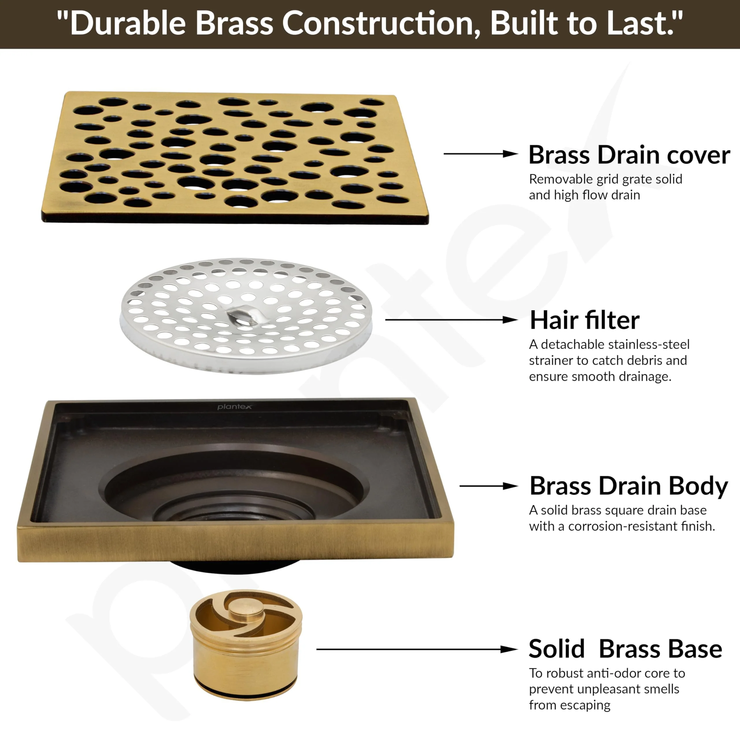 Plantex Solid Brass Floor Drainer for Bathroom/Shower Drain with Cockroach Trap Jali/Floor Trap/Jali for Bathroom/Kitchen - (Brass Antique, 5 x 5 Inch) - Image 2