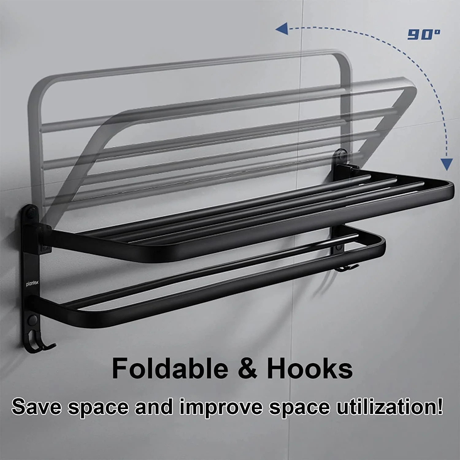 Plantex Space Aluminium Folding Towel Rack with Fix Towel Rod/Towel Bar for Bathroom/Towel Hanger with Hook/Bathroom Accessories (963, Black) - Pack of 1 - Image 2